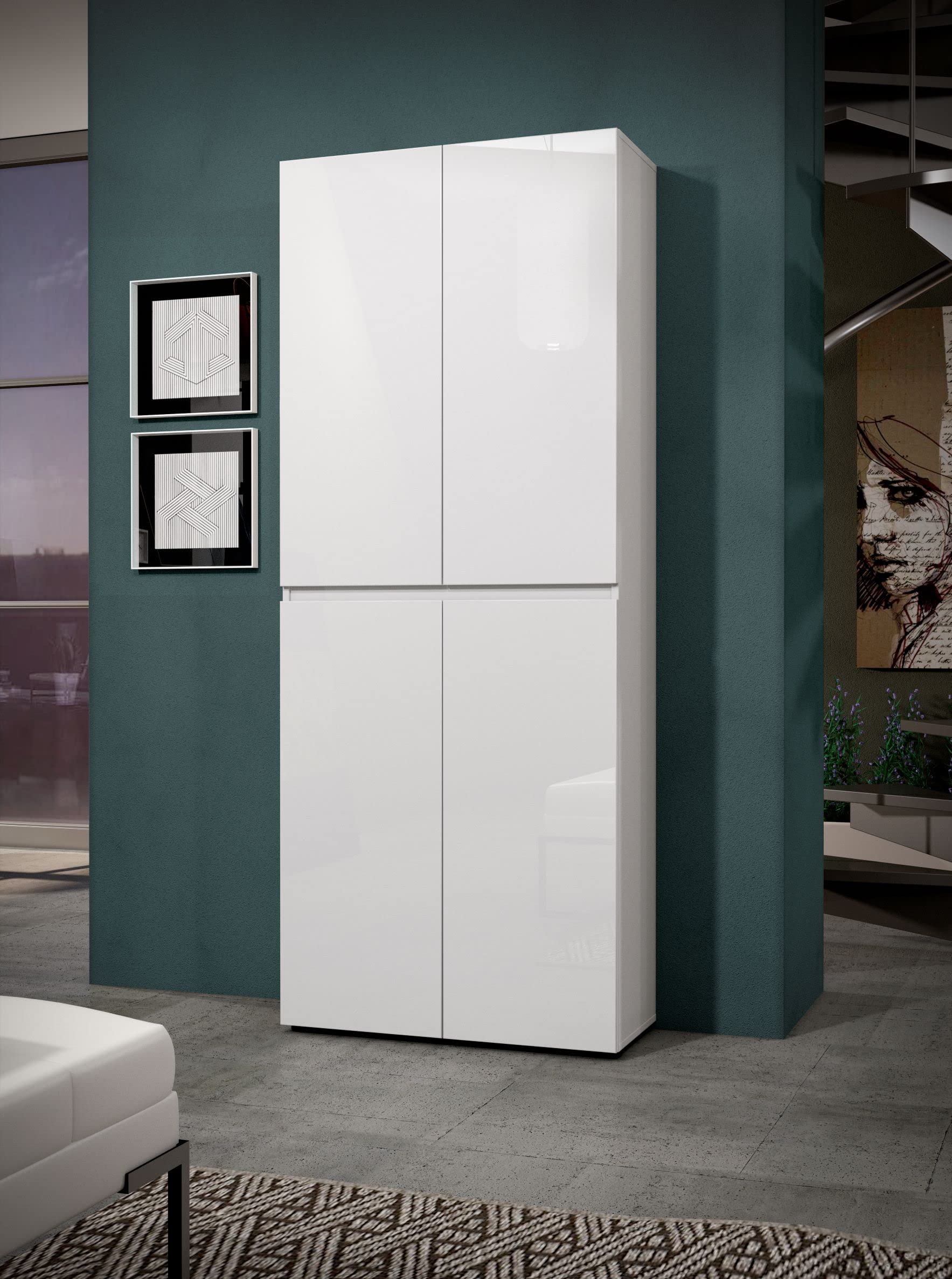 Mobiletto Multiuso Kitaly Mister - Bianco Lucido 200x80x34 Cm - 4 Ante Senza Maniglie E 10 Ripiani - Made In Italy - Foto 6