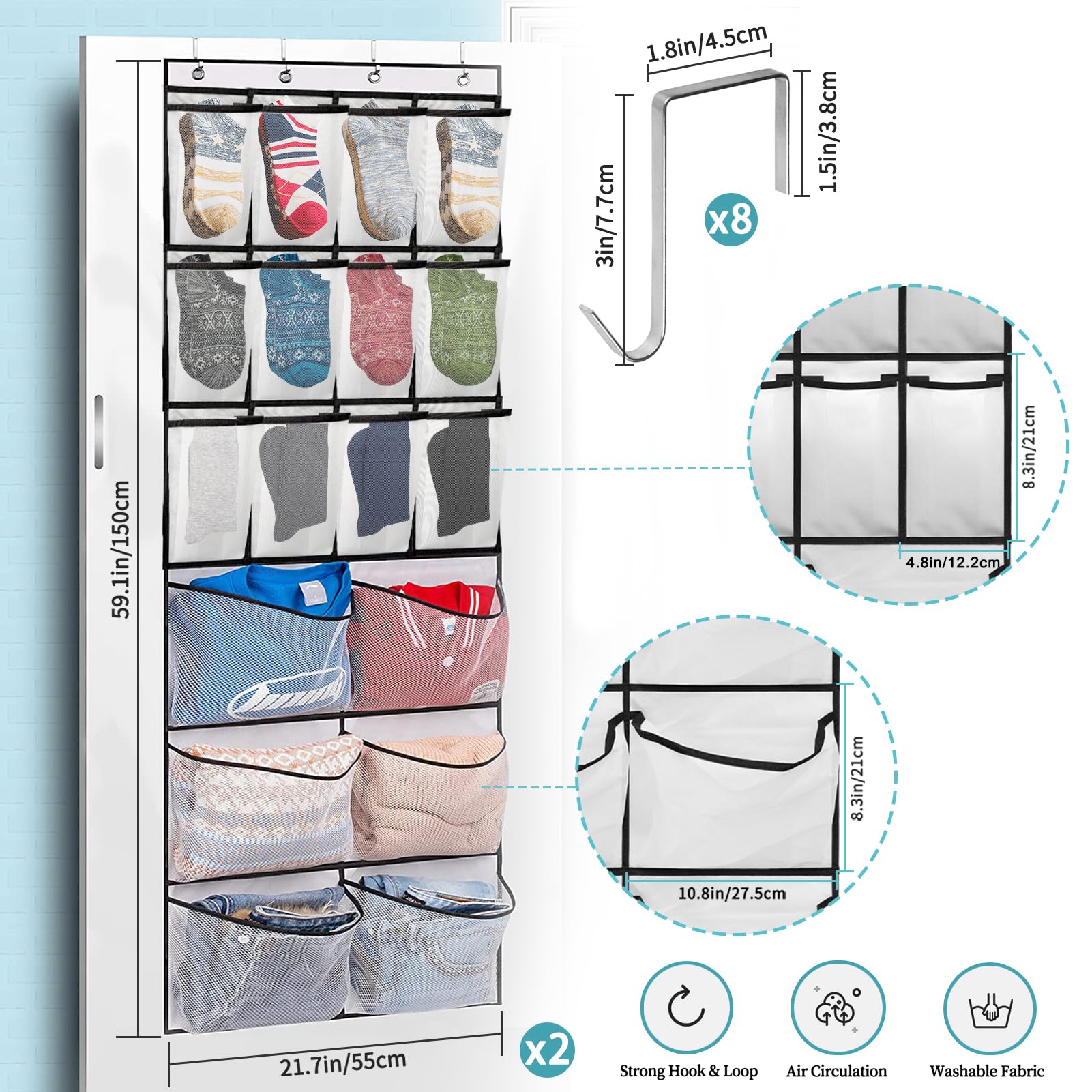 VASZOLA 2 Packs Over the Door Shoe Organizer, 36 Extra Large Mesh Pockets Hanging Shoe Boots Rack Holder, Closet Hanging Organizers for Storage Sneakers High Heeled Shoes Slippers (White) - Image 2