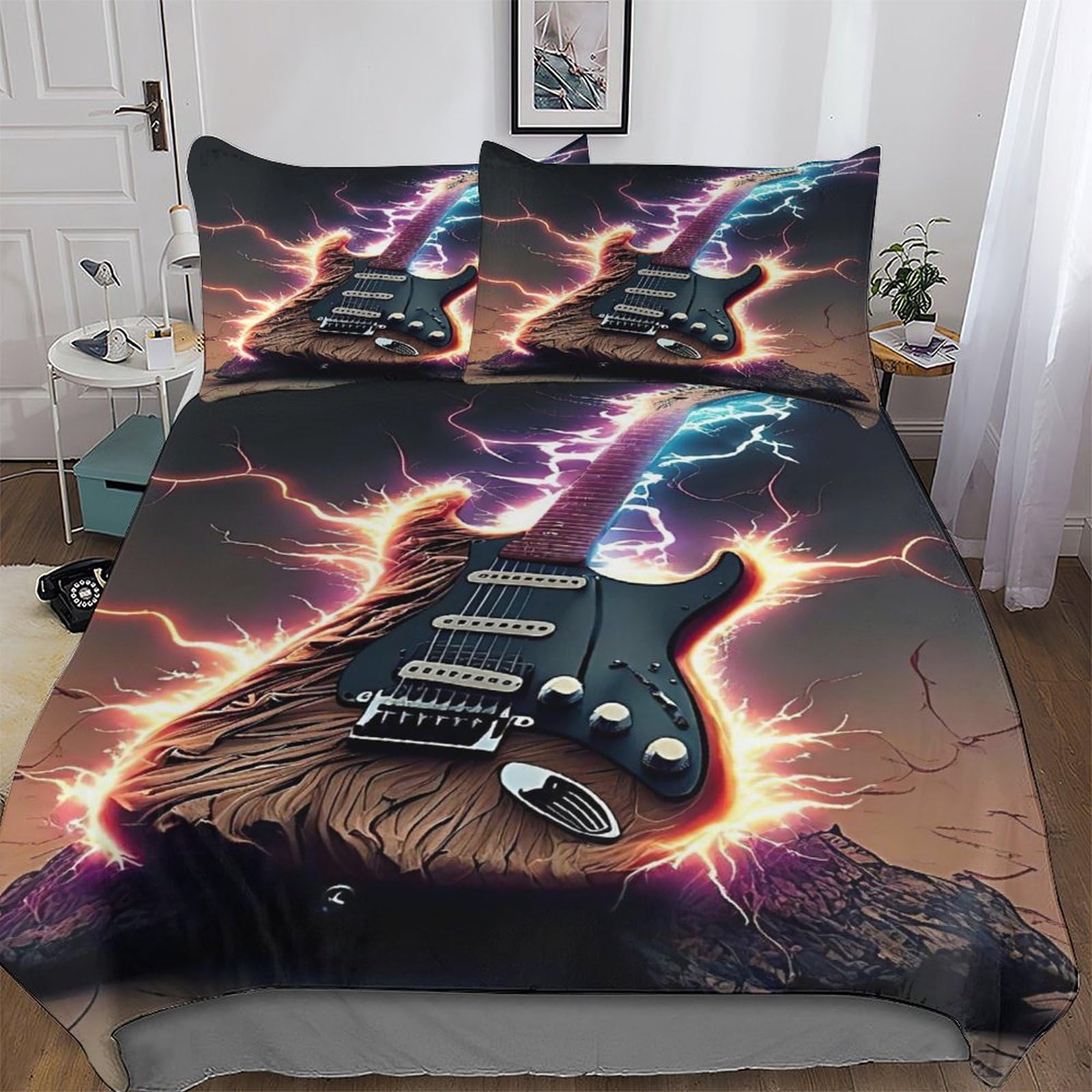 Aapzy Guitars-7 Guitars Comforter Cover 3D Print Bedding Set Decorative Duvet Cover Bedspread Cover With Pillowcase Soft Microfiber Zipper Quilt Cover For Kids, Youth And Adult Double (200X200cm)