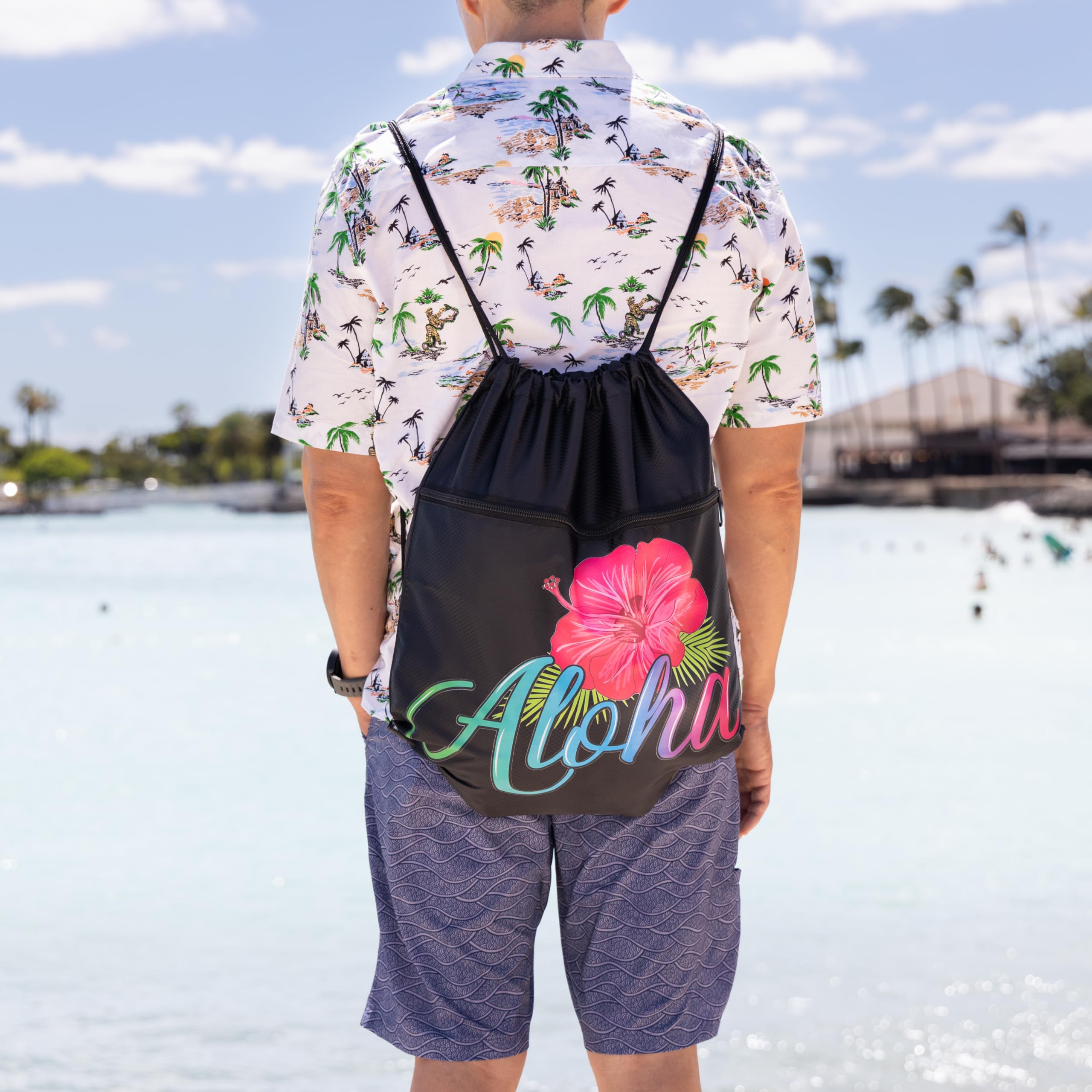 Aloha - Pañal de hombro grande con cuerda para playa, gimnasio, Hawaii, viajes, piscina, durante la noche, bolsa de comestibles con 1 calcomanía Aloha, Negro -, Grande, Dibujar cadena 3
