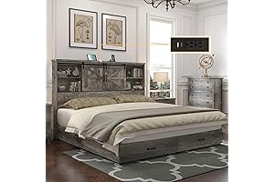 HOWE King Size Farmhouse/Rustic Grey Bedroom Platform Bed Frame with 51.2" Bookcase...