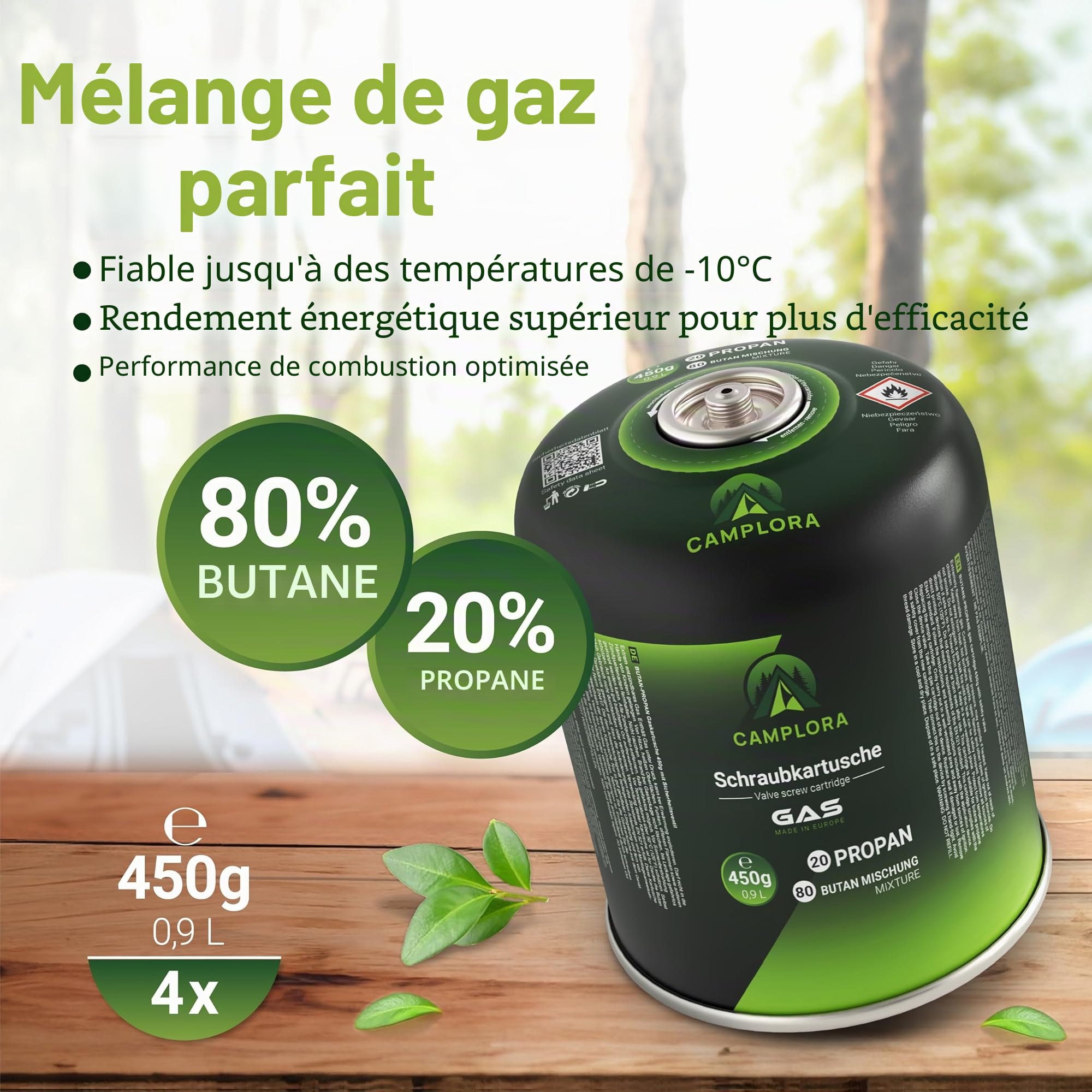 CAMPLORA Lot de 4 cartouches de gaz de 450 g compatibles avec barbecue à gaz Weber série Q100/1000, propane et butane, cartouche à visser avec filetage pour réchaud de camping, cartouches de gaz