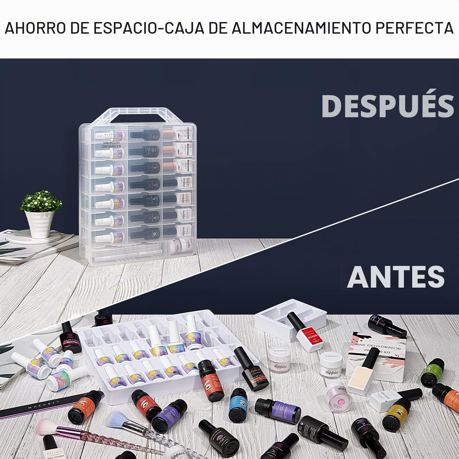Makartt Organizador de esmalte de uñas – Soporte universal transparente para 48 botellas, estuche organizador de esmalte de uñas de gel resistente portátil con 8 separadores ajustables, ahorro de