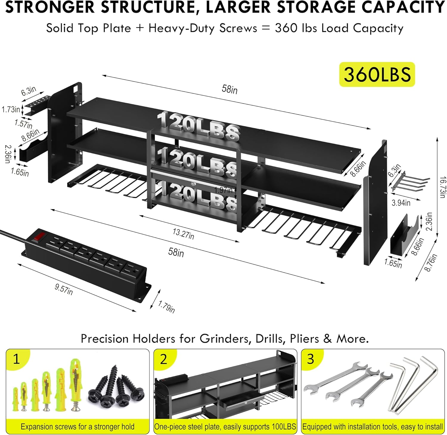 KSVO Large Power Tool Organizer Wall Mount with Locking Drawers, Grinder Holder, Hammer & Pliers Rack, & 6-Outlet Charging Shelf – Heavy Duty Metal Tool Storage for Garage & Workshop (Black)