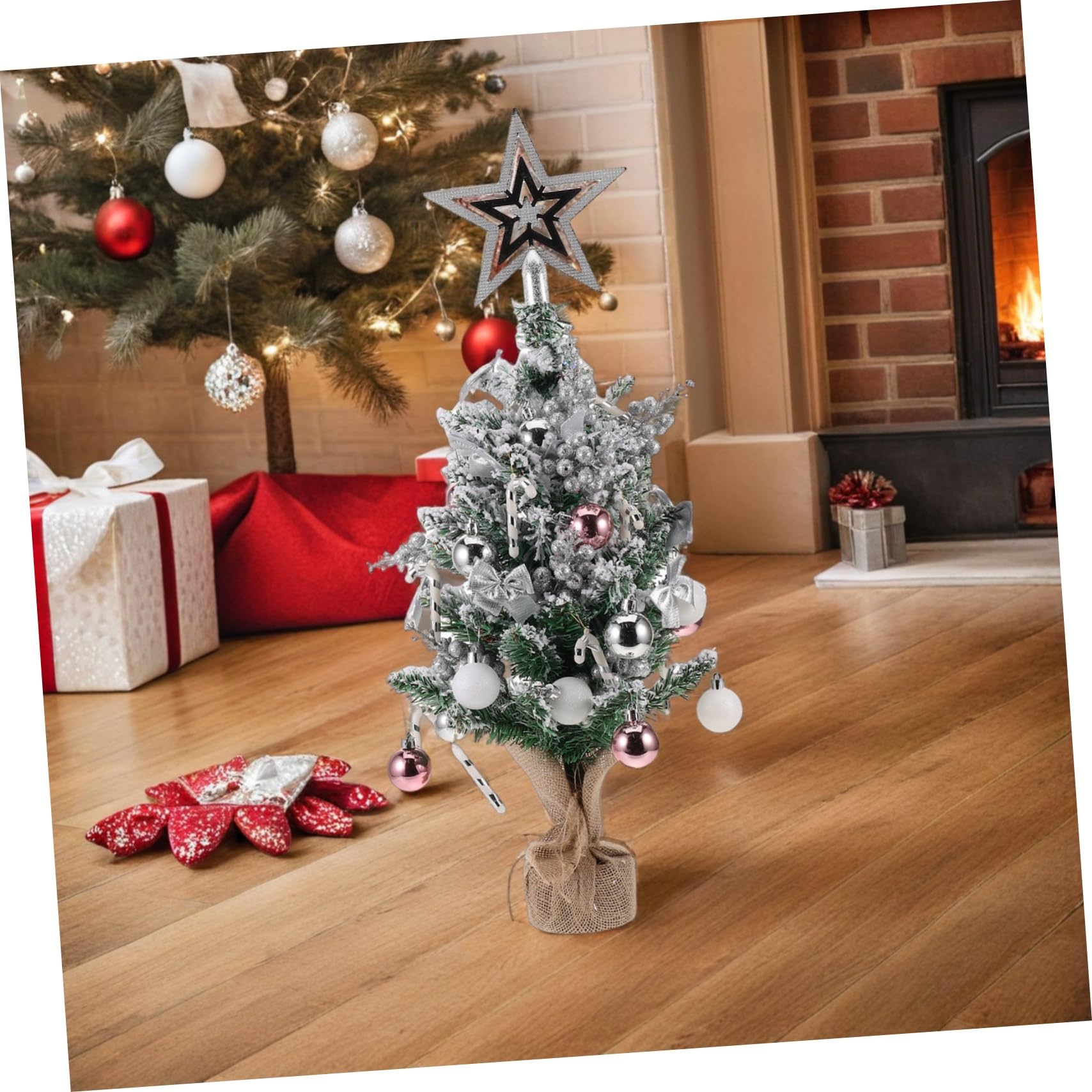 Árbol de Navidad de Mesa Pequeño Artificial con Base de Decoración Navideña para Escritorio Estantes y Portátil y Reutilizable Plata Sin Luz