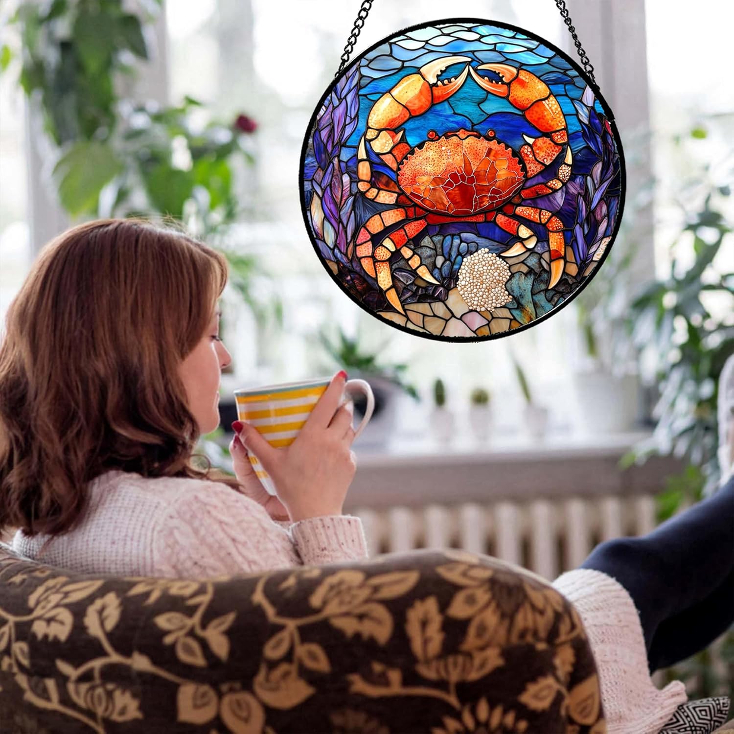 Stained Glass Window Hanging Blue Ocean Crab Seaweed 9.8" - Suncatcher Door Garden Sunroom Sun Catcher Home Decor Housewarming Birthday for Mom Grandma Men Woman