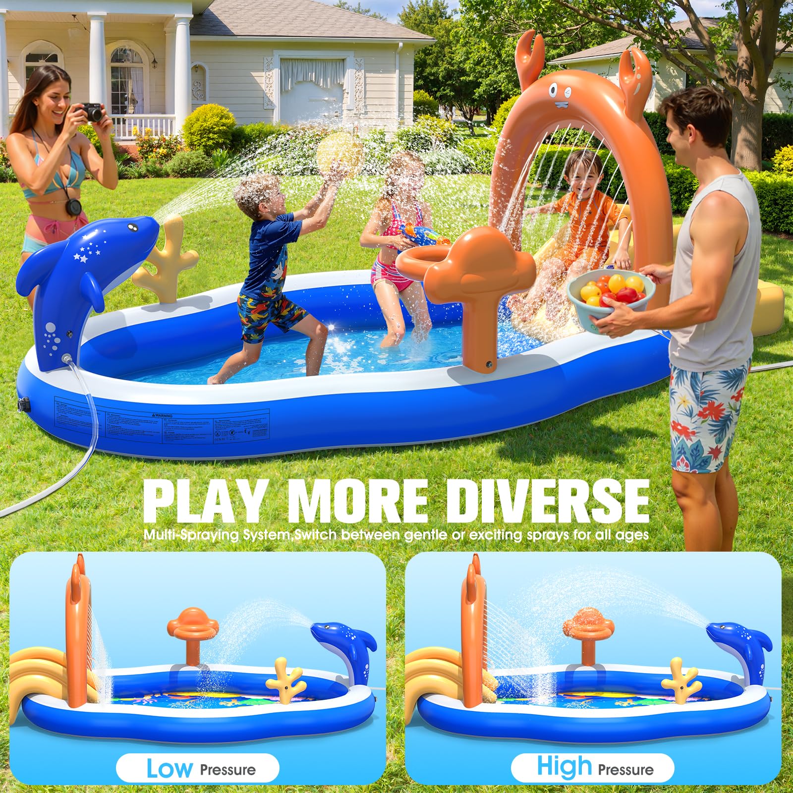 StarOcean 2026 großes aufblasbares Spielcenter, Kinderpool mit Wasserrutsche und Sprinkler, 308 x 180 x 130 cm, aufblasbarer Kleinkind-Pool mit Rutsche, aufblasbares Wasserspiel für Toldder