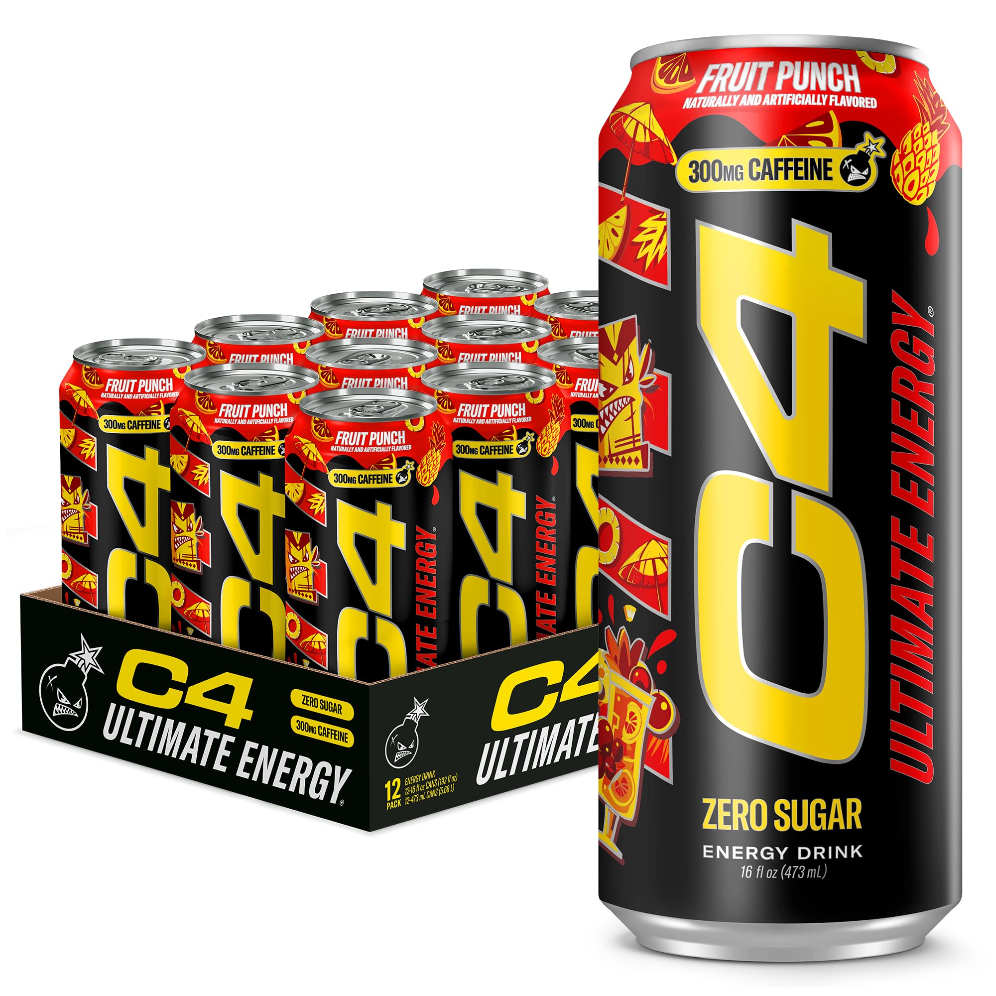 C4 Ultimate Zero Sugar Energy Drink, Tri-Stim Experience with 300mg Caffeine + TeaCrine + Dynamine, Fruit Punch, 16oz (Pack of 12), Fruit Punch, 16 Fl Oz (Pack of 12)