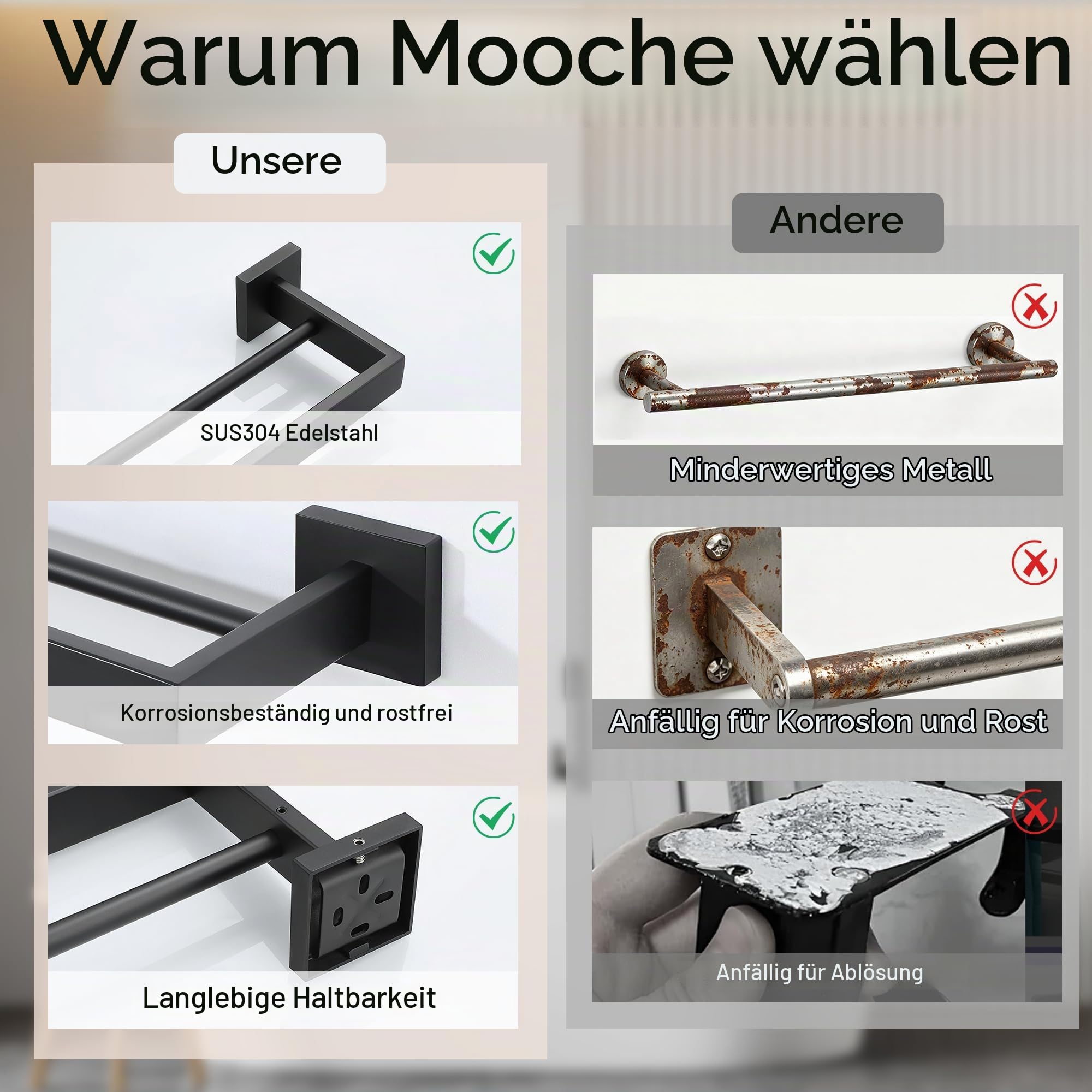 MOOCHE Doppelt Handtuchhalter Schwarz 80CM Handtuchstange SUS304 Edelstahl | Gästehandtuchhalter Bad Wandmontage SUS304 Edelstahl Premium Doppelt Badetuchhalter für Badezimmer und Küche (60CM)