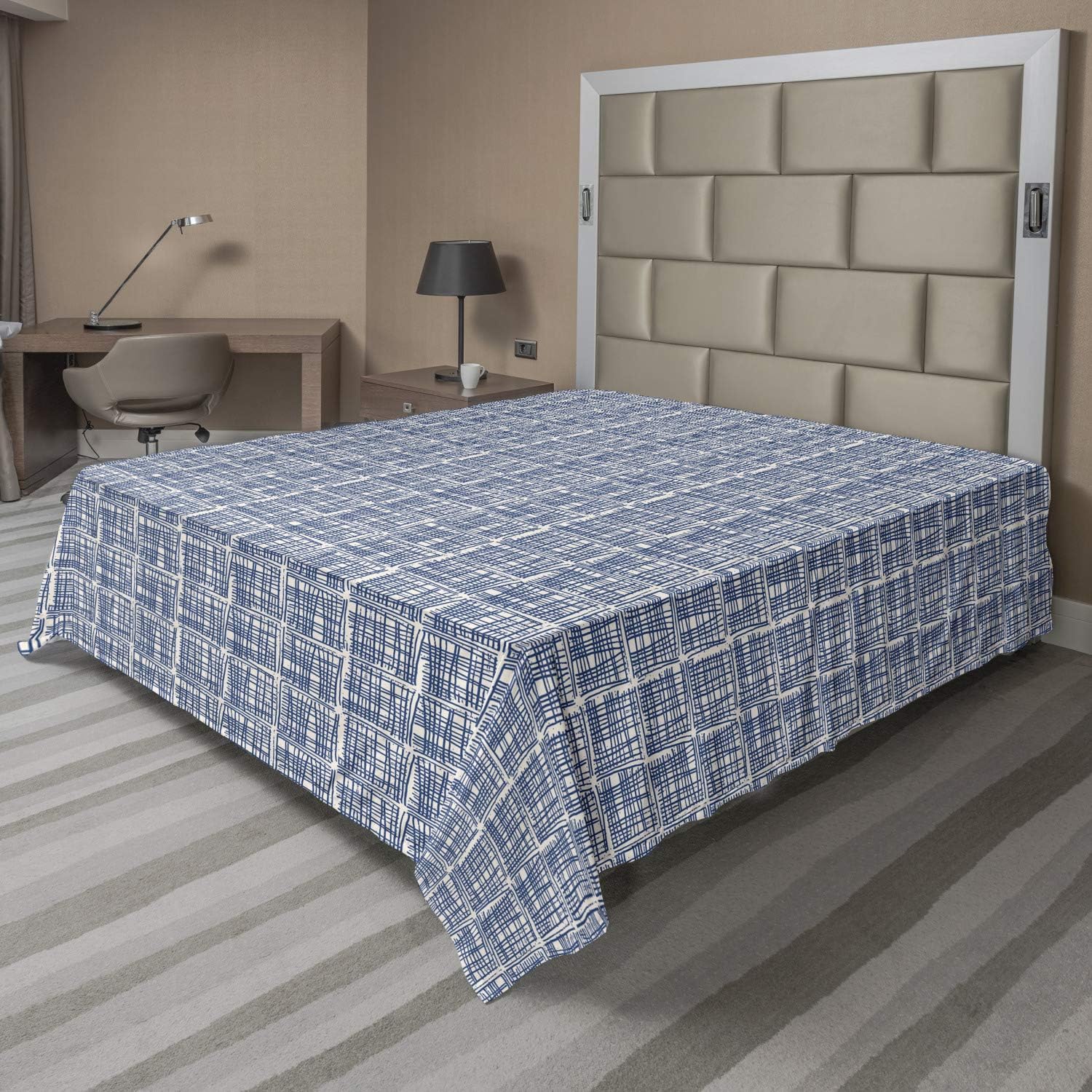 Ambesonne Ethnic Flat Sheet, Squares with Stripes in Hand Drawn Style Hippie Geometrical Grid Tile, Soft Comfortable Top Sheet Decorative Bedding 1 Piece, Queen Size, Navy Blue and Cream