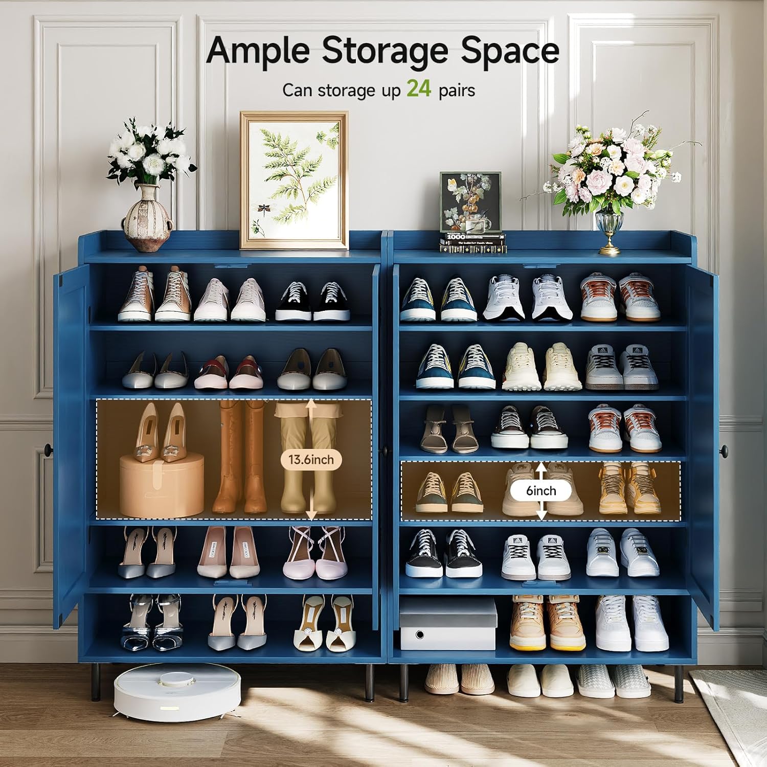 ComfyCorner Blue 7+1 Tier Farmhouse Shoe Storage Cabinet - 45" Tall Entryway Organizer with Cross Molding Doors, 3 Adjustable Shelves & Metal Legs, Shoe Rack for Front Door Entrance