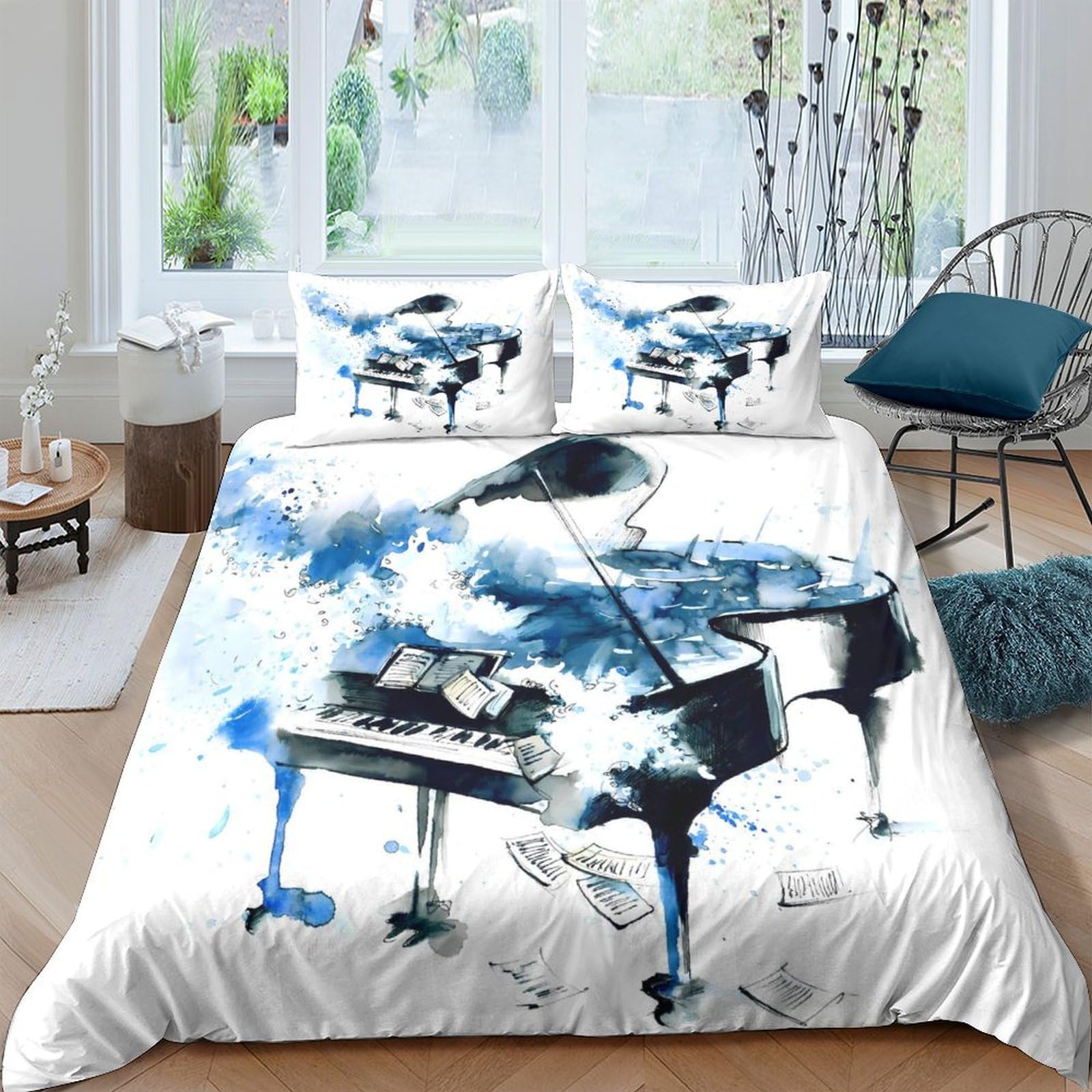 Ctjqhvkz Style-6 3D Printed Blue Watercolor Piano Fitted Sheet Microfiber Soft Artistic Bed Cover For Bedroom Dorm Mattress Decor Single（135X200cm）