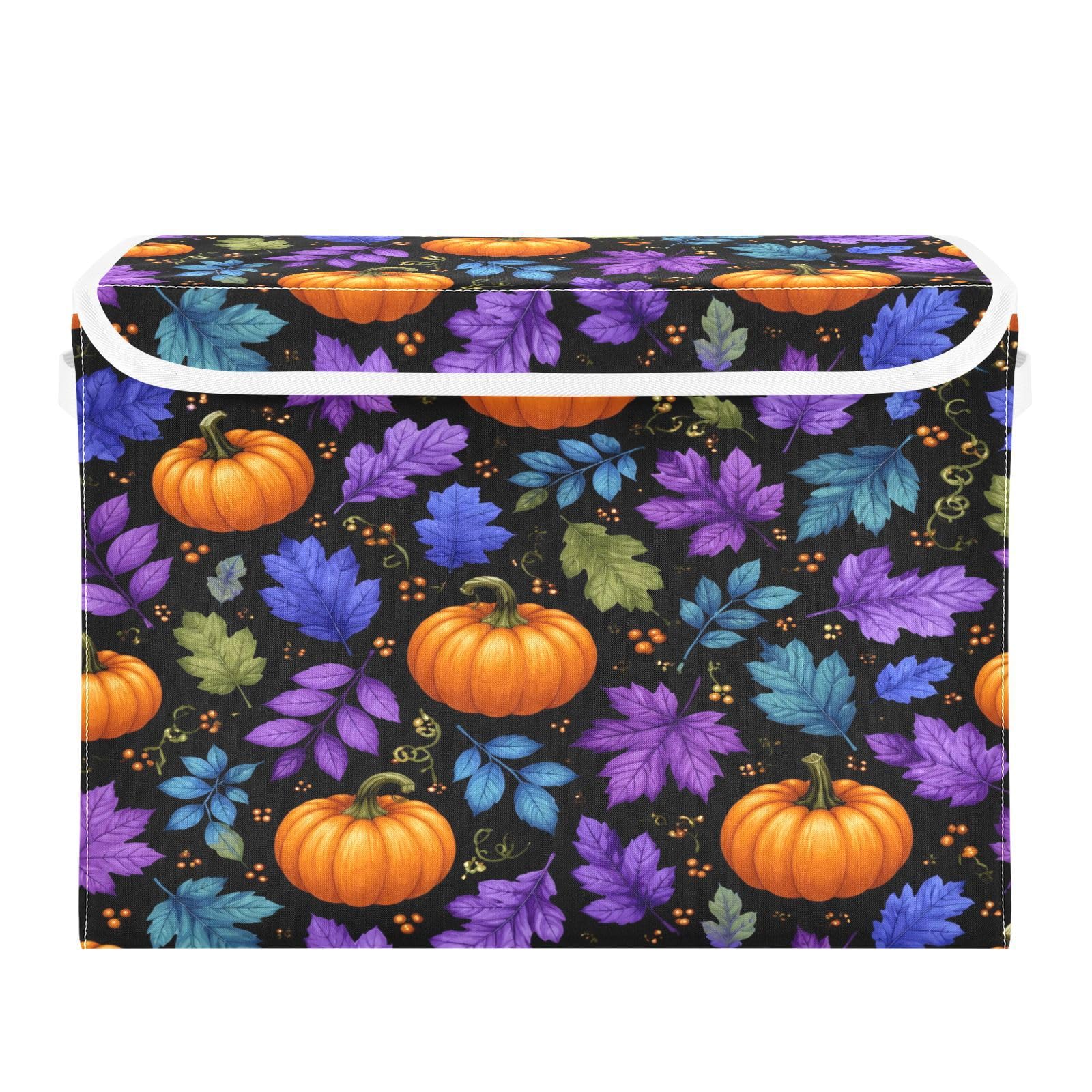 Ewusp Halloween Pumpkins Fabric Storage Bin with Lid, Decorative Foldable Storage Basket with Handles, Stackable Closet Shelf Organiser Box for Clothes, Books, Bedroom, Living Room