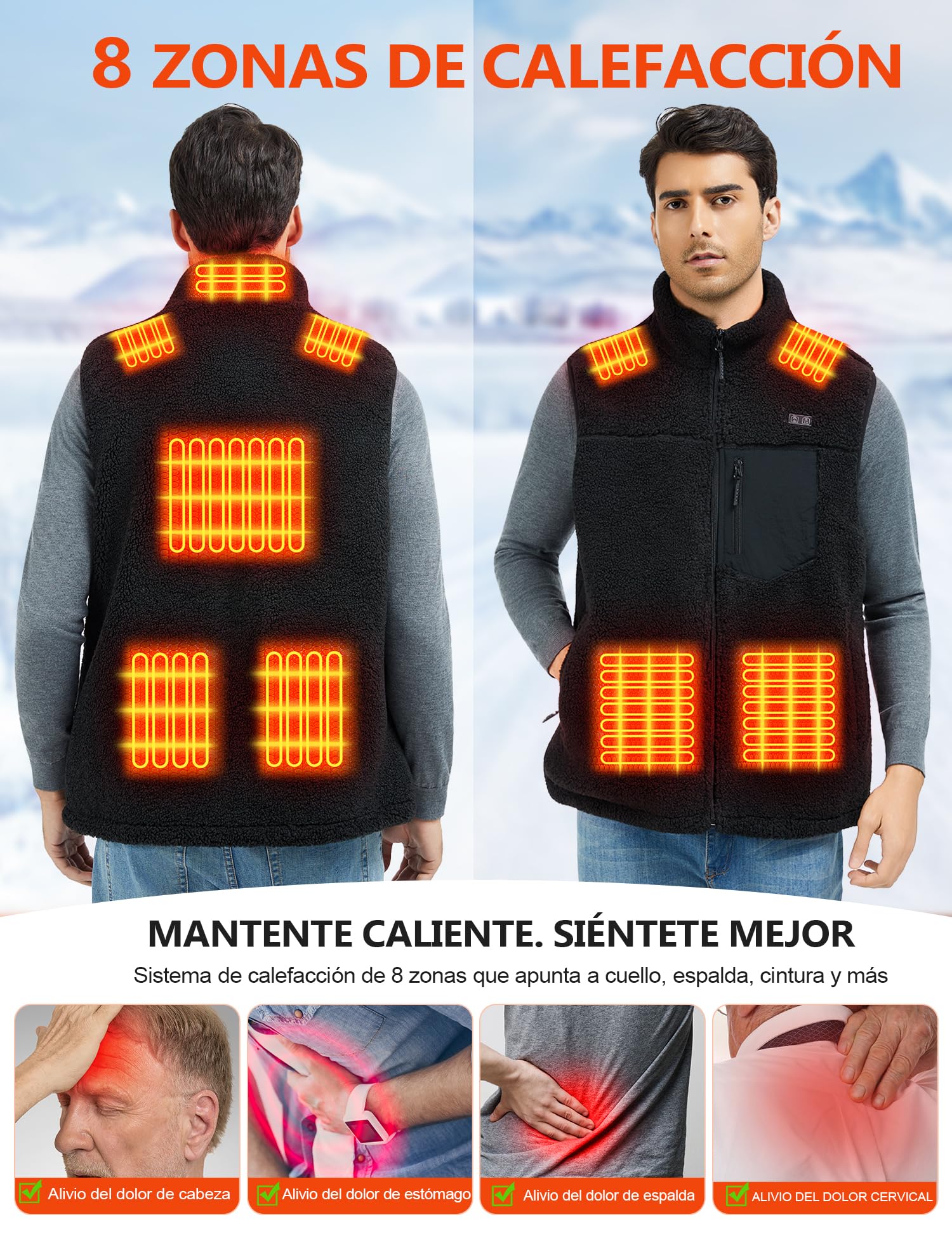 Chaleco Calefactable Hombre con 18400mAh 7.4V， Forro Polar, 8 Zonas Calefactoras, Lavable, Chaleco Eléctrico Para Uso Diario y al Aire Libre
