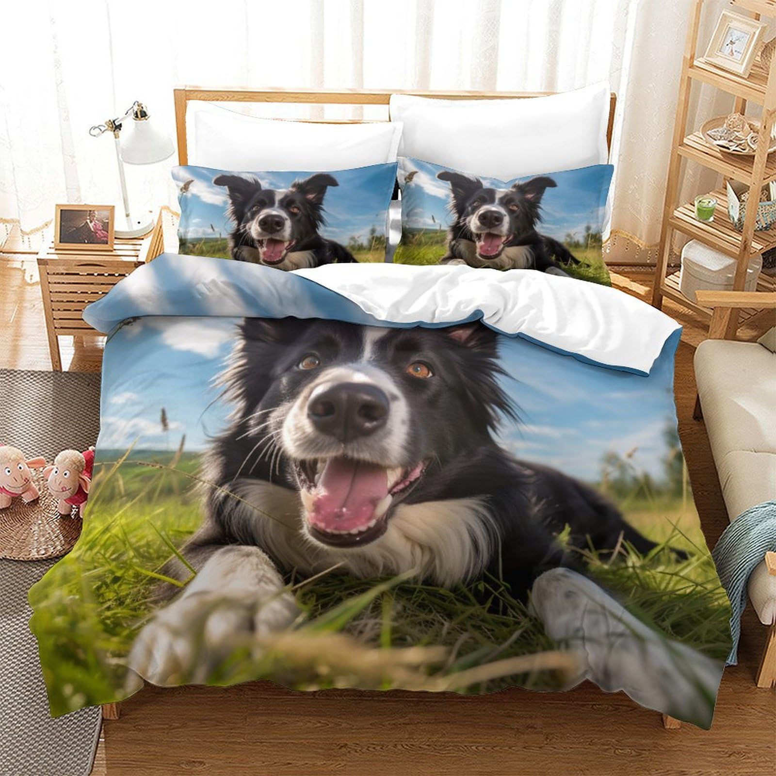 Housse de couette zippée 260x220cm anti-glissement pour lit Super King avec motif 3D chien