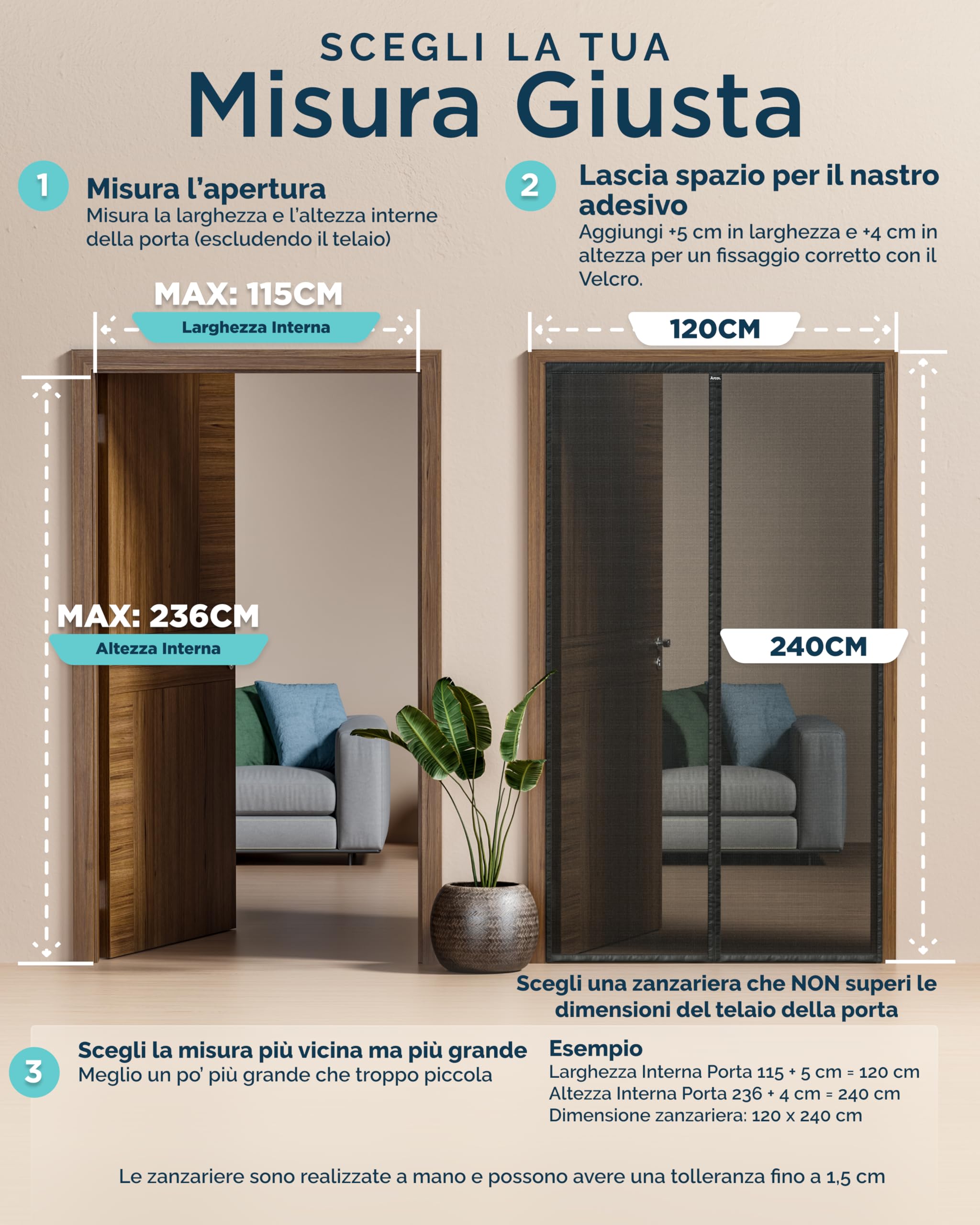 ARCOL Zanzariera Magnetica 120x240 cm Premium in Fibra di Vetro - Stop Zanzare in 3 Min., Rete Ultra-Fine Anti-Insetti, Chiusura Automatica con Magneti & Pesi, Nastro a Strappo Extra-Largo (Nero)