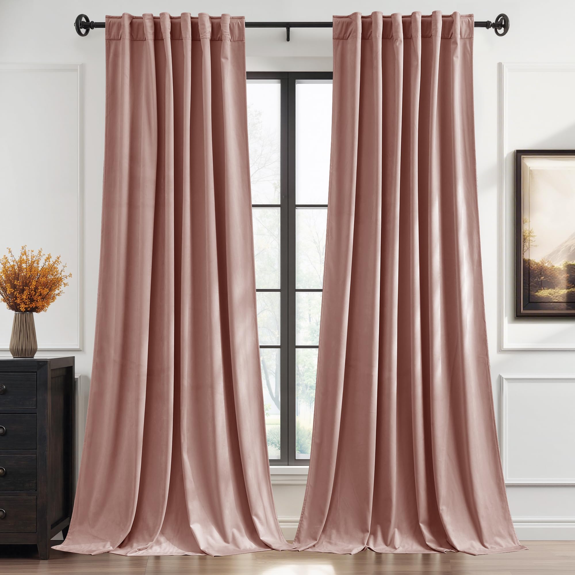 StangH Soft Dusty Pink Velvet Curtains 108 inches Long, Back Tab & Hook Belt Solid Thermal Blackout Curtains & Drapes Light Dimming for Living Room/