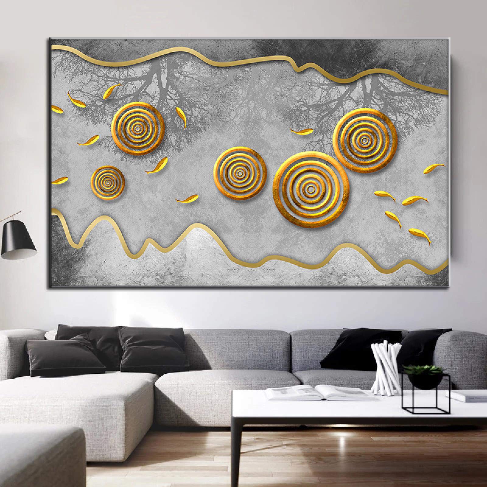Amazon.co.jp: 抽象キャンバスアート 絵画 ゴールド サークル 魚 風景