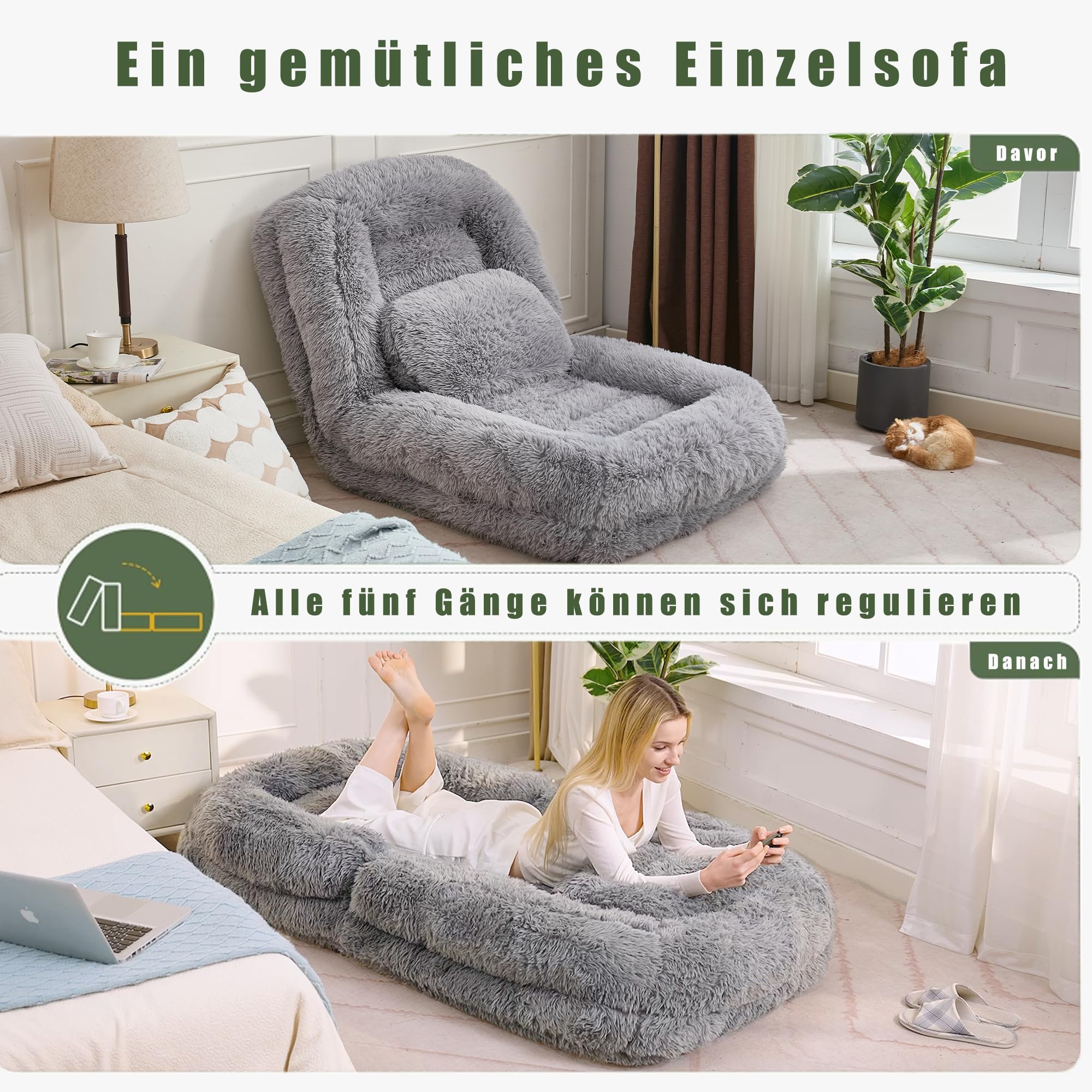 Generisch 5-stopniowa regulacja, legowisko dla psa, jasnoszare, na podłogę, fotel gamingowy, fotel podłogowy, do medytacji gier, relaksu, maks. obciążenie 136 kg, z poduszką