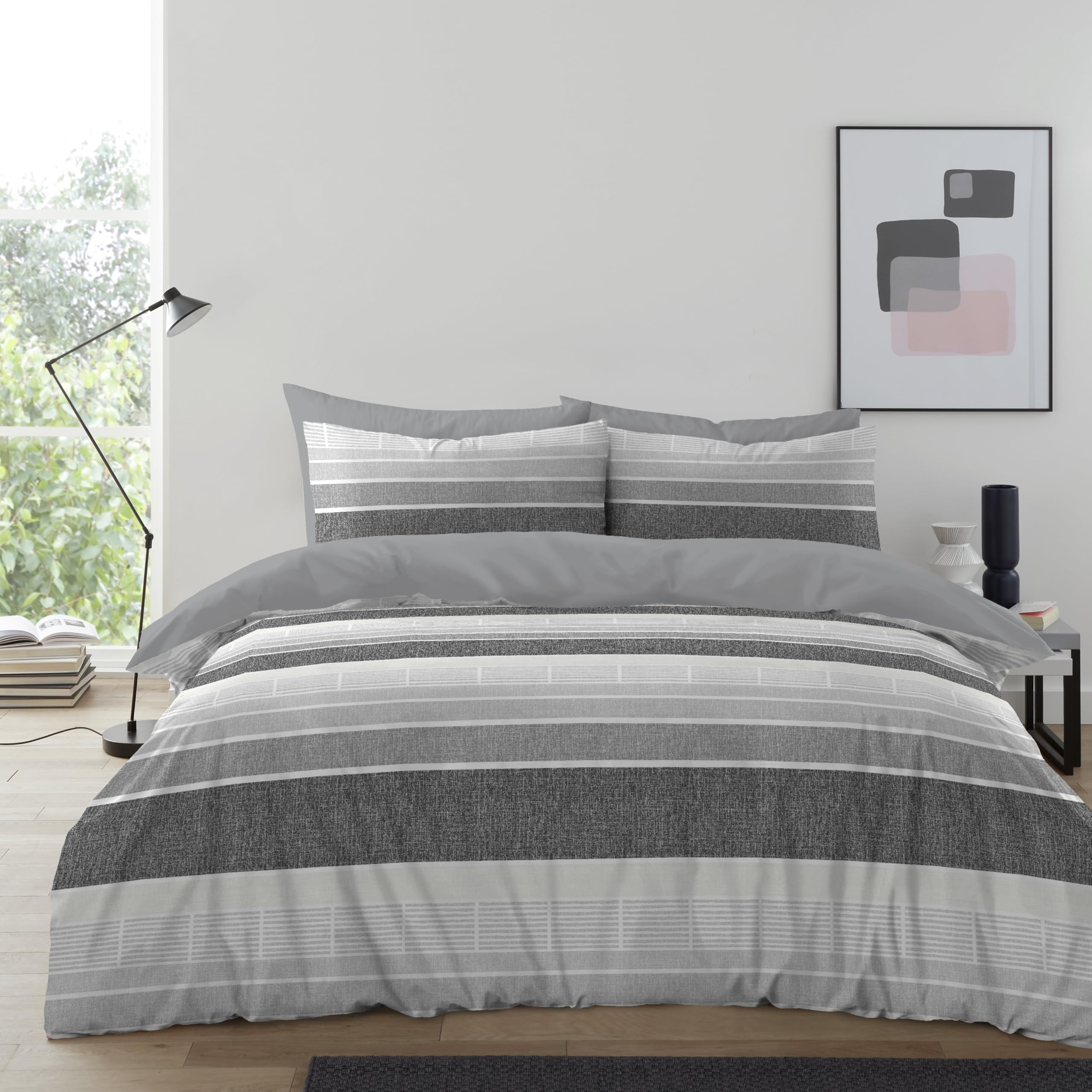 GC GAVENO CAVAILIA 4-Piece Complete Charcoal Bedding Sets King Size - Duvet Cover King Size, Fitted Sheet With 1x Pillow Case - Breathable & Lightweight Soft Reversible Quilt Covers Bed Set