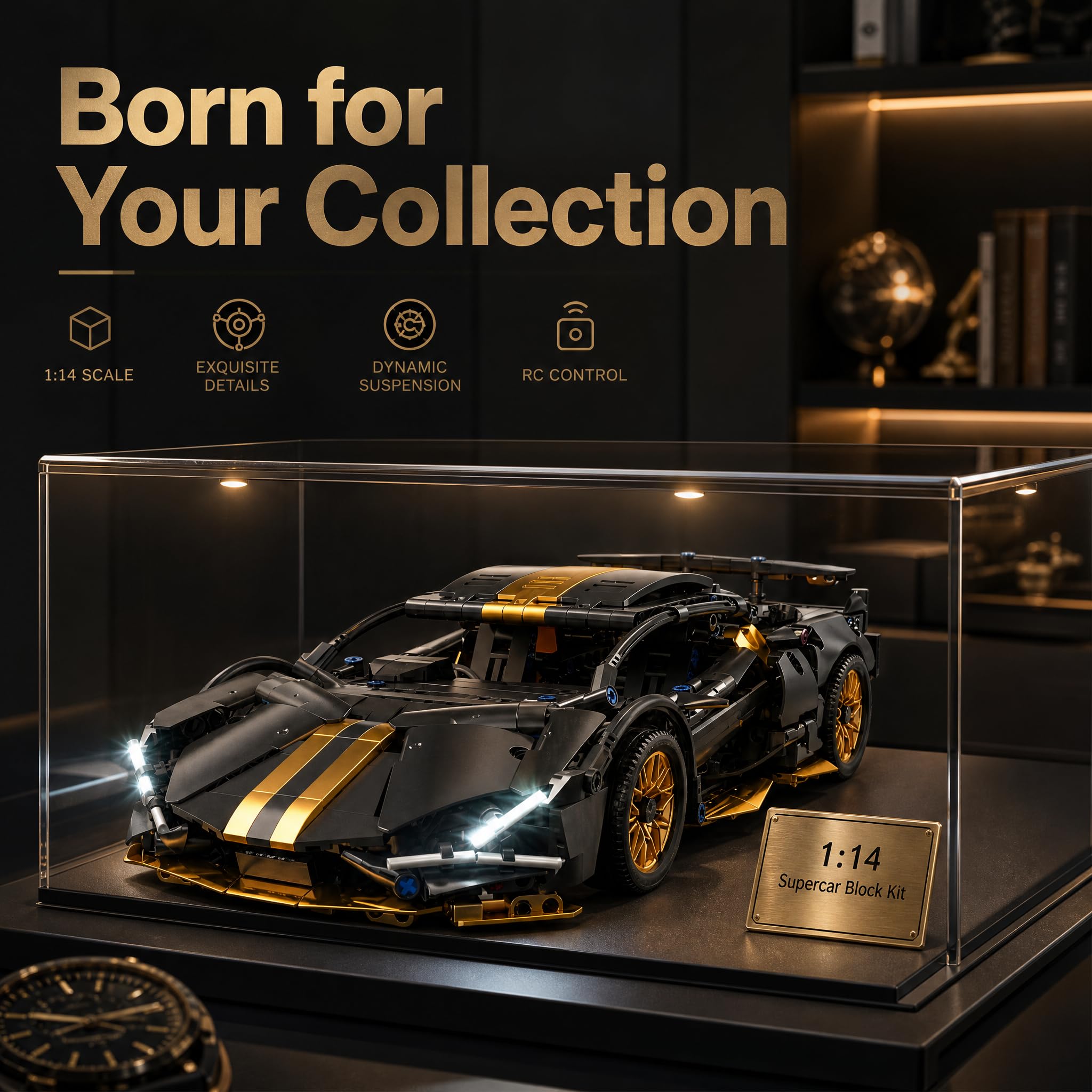 Macchina RC Supercar Nera 790 Mattoncini 1:14 – Porte Apribili LED 2.4GHz App | Kit Costruzione Auto Telecomandata Regalo 10-12 Anni STEM | Kit Completo
