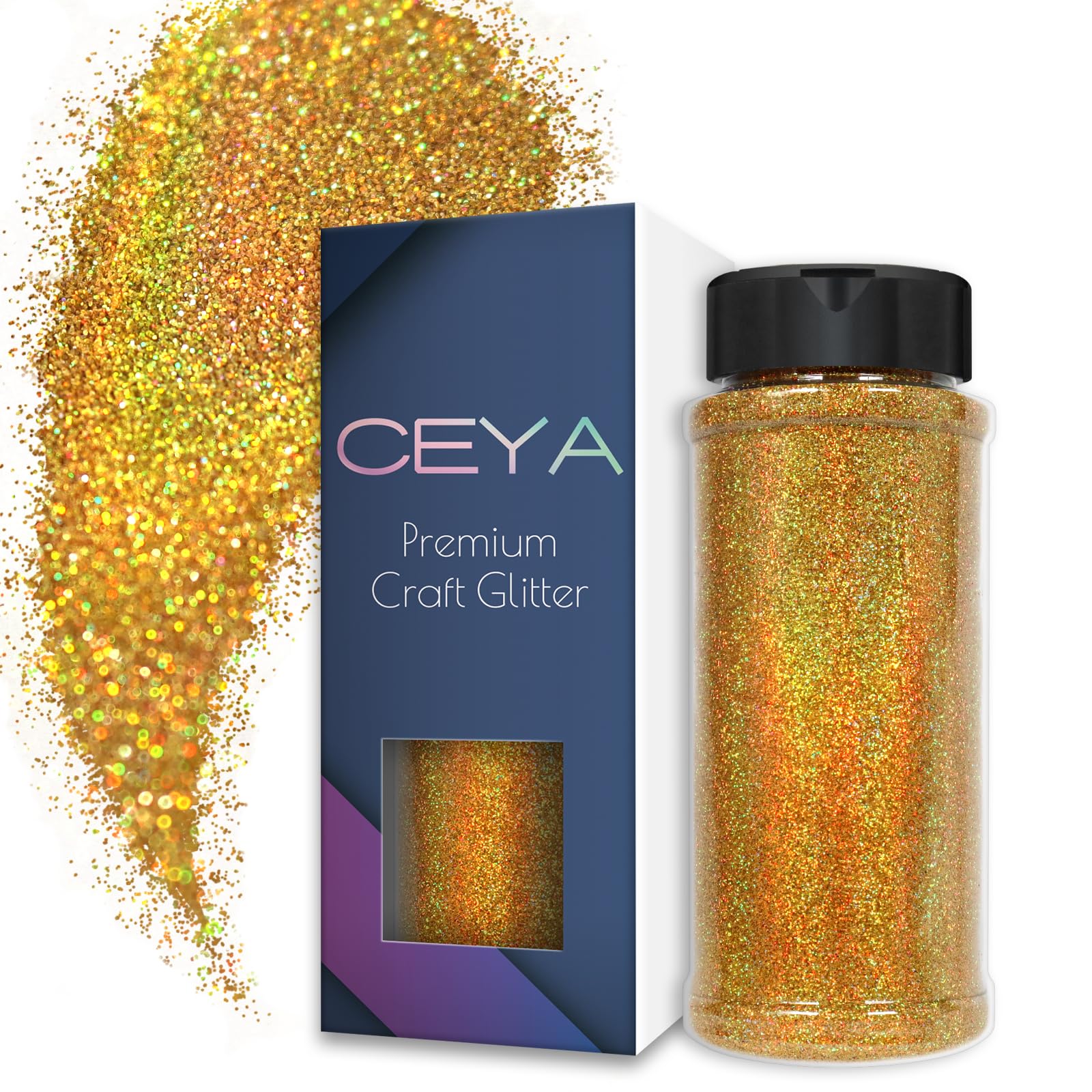 Ceya 3.5oz/ 100g Ultra Fine Glitter Powder Laser Gold Holographic Glitter 1/128” 0.008” 0.2mm for Slime Epoxy Resin Craft Tumbler Jewelry Nail Art Festival Makeup Painting Wedding Cards