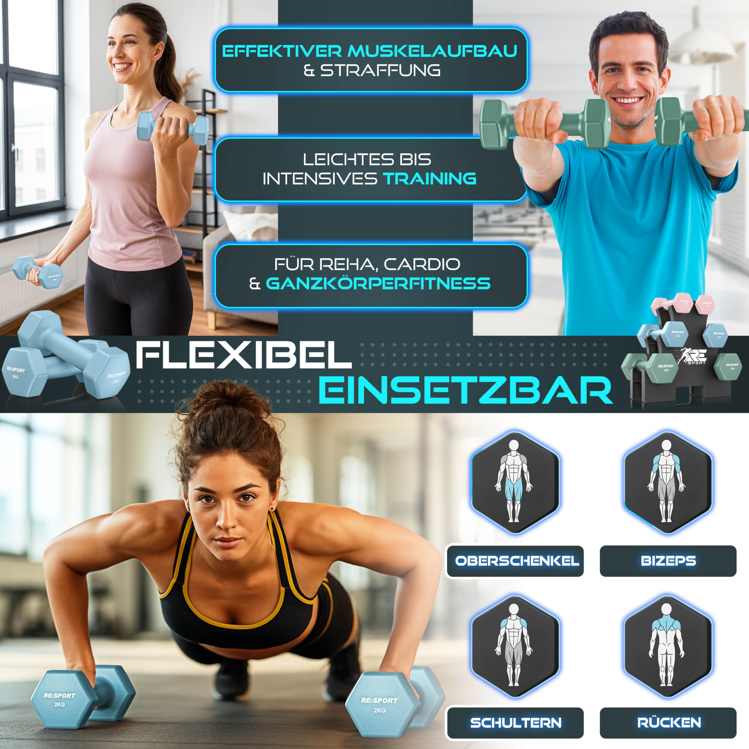 RE:SPORT® Hantel-Set 3 Paar, 1kg - 5kg, 12kg oder 18kg mit Ständer & 3x Fitnessbänder | Rutschfeste Neopren Kurzhanteln für Damen & Herren | Hanteln Hantelset