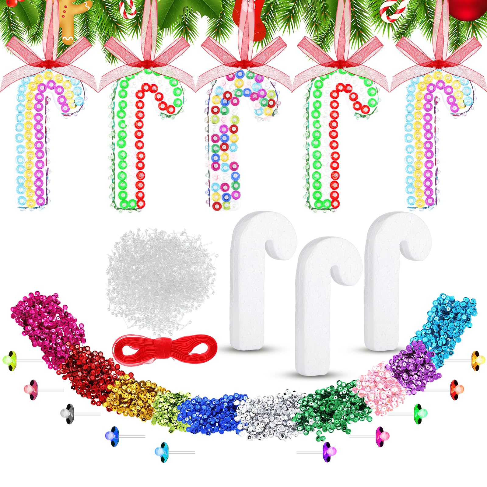 Huwena 16 Pcs Christmas Crafts Sequin Ornaments Kit Creative Christmas Crafts for Kids Christmas Ornament Kits Easy Crafts for Adults Craft Supplies DIY Art Project for Holiday Decoration (Candy Cane)