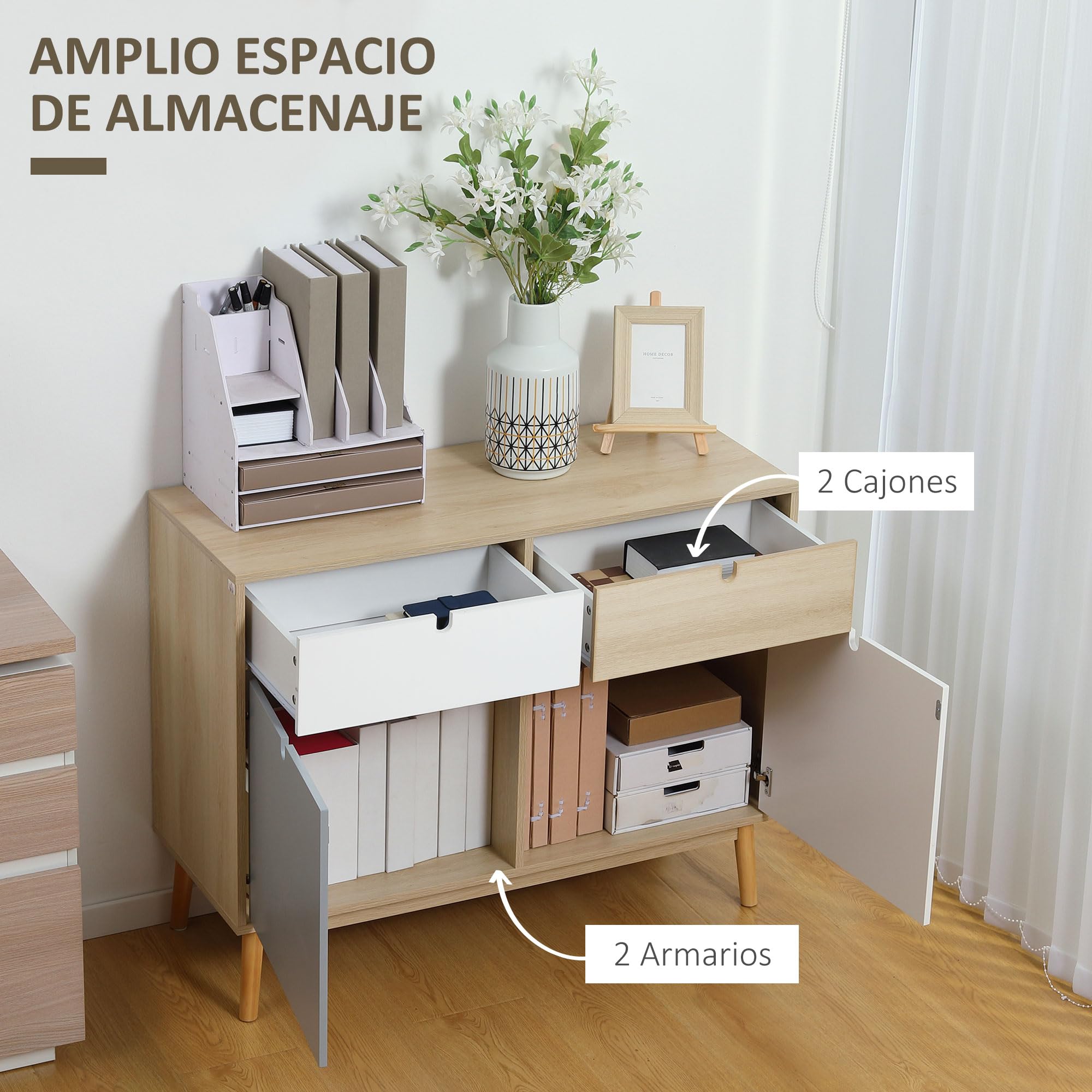 HOMCOM Aparador Auxiliar con 2 Armarios Cerrados 100x40x79,5 cm Multicolor | 2 Cajones, Mueble de Almacenamiento de Salón, Patas Elevadas de Madera de Pino, para Cocina Dormitorio Entrada