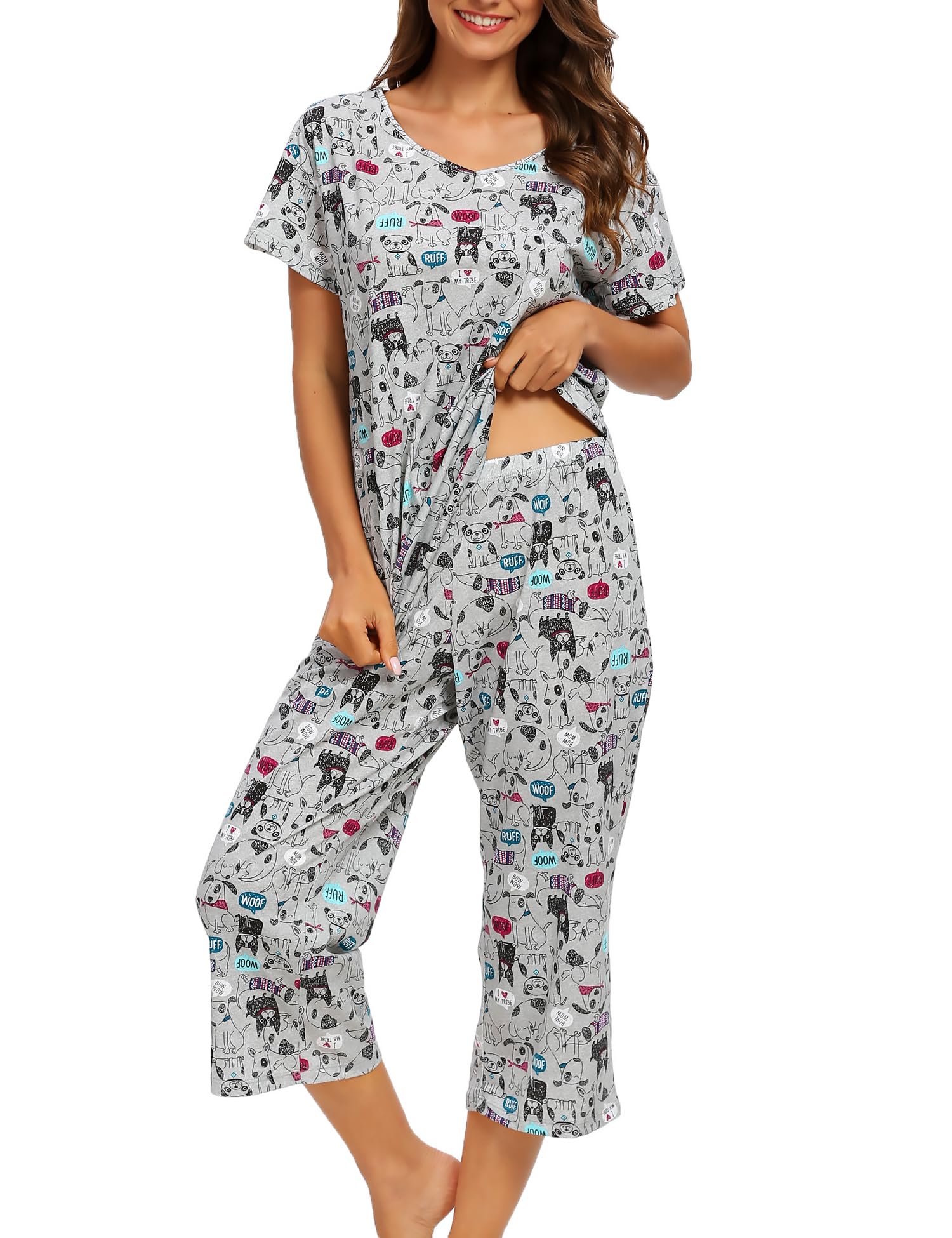 ENJOYNIGHT Ensemble pyjama court pour femme, en coton, haut à manches courtes et pantalon 3/4, tenue d'intérieur, vêtements de nuit, pour l'été