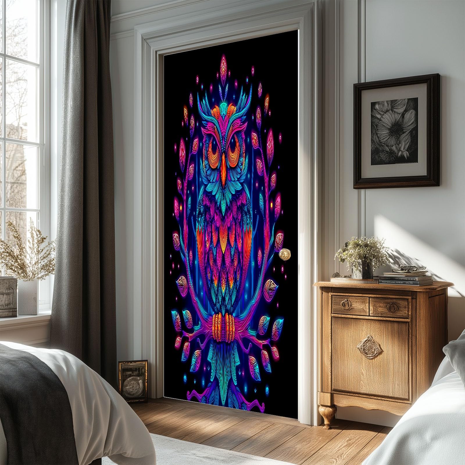 Fantasy Art naklejka na drzwi, zwierzęta, kolorowa sowa, tapeta na drzwi dla dzieci, do sypialni, 90 x 200 cm (szer. x wys.)