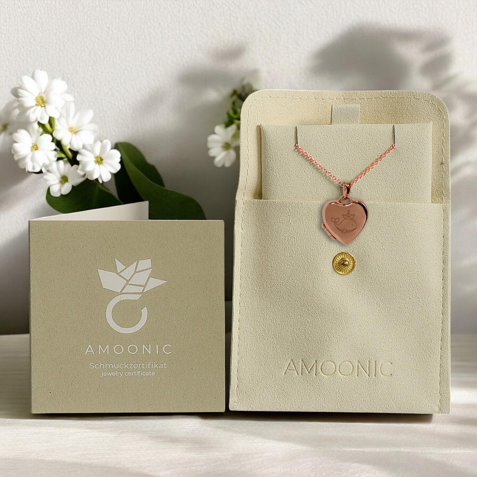 Kette Mädchen Kommunion Geschenk, Kinder Medaillon Herz zum Öffnen mit Bild | Silber 925 und Gold / Rosegold, Halskette 38cm, Foto Service & Gravur Symbol Name personalisiert