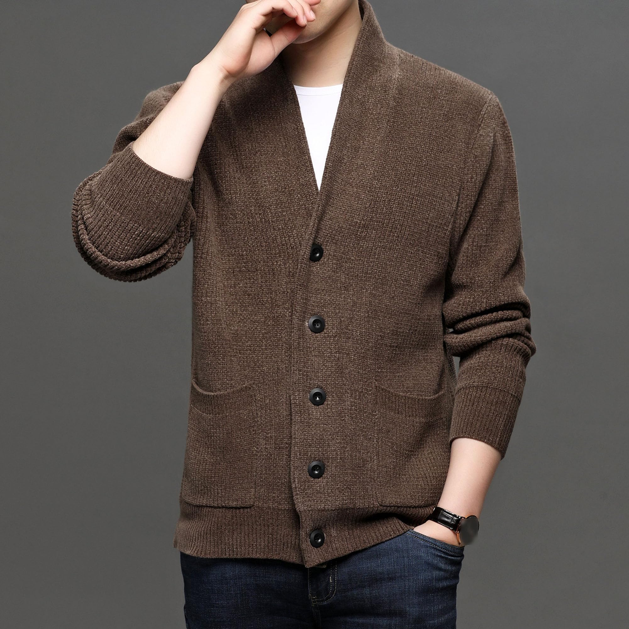 Maglione monopetto da uomo con fibbia, misto lana, largo, lavorato a maglia, cardigan con tasca laterale