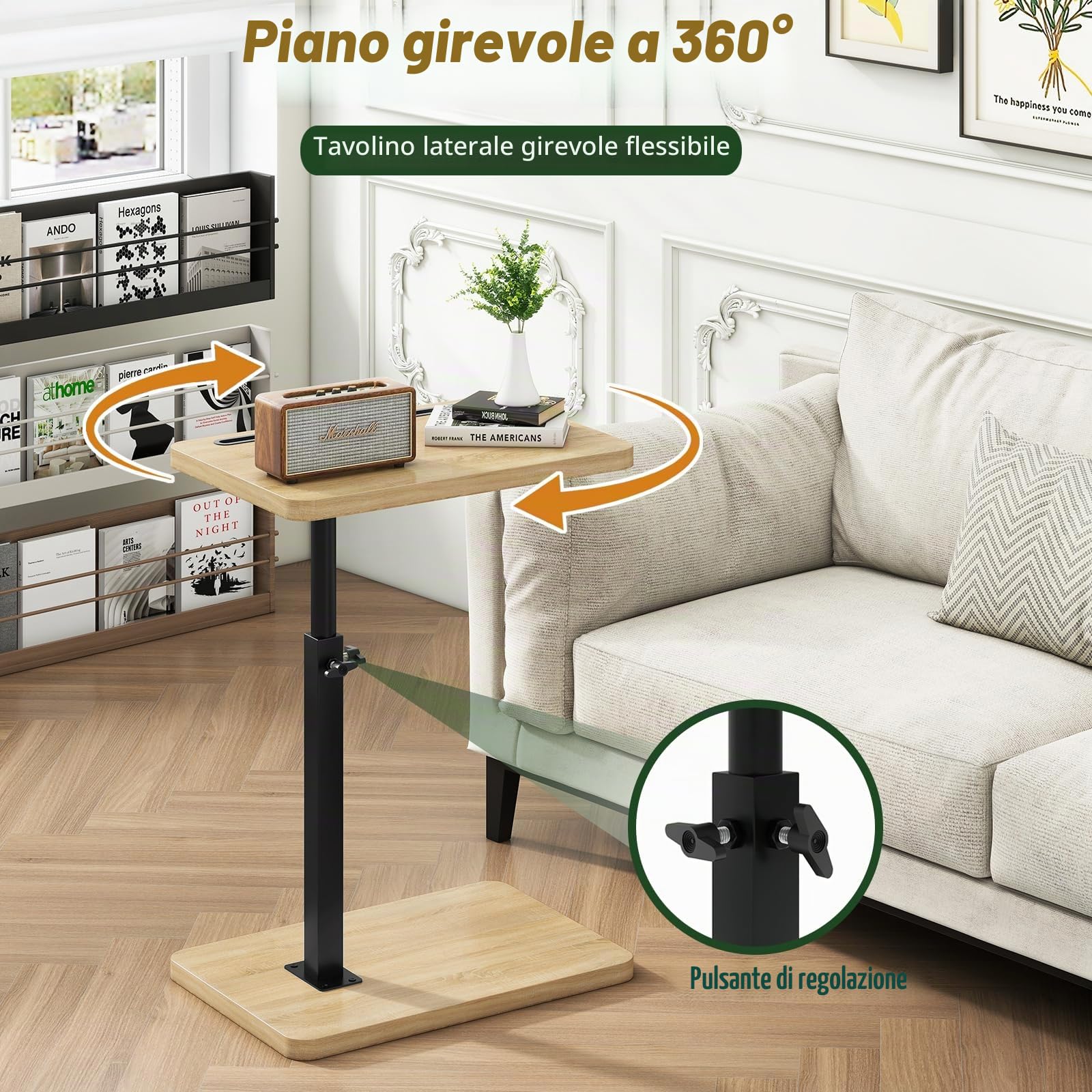 IBUYKE Tavolino a forma di C, girevole a 360° e regolabile in altezza, tavolino da caffè per spazi stretti, con slot per telefono e tablet, per soggiorno, camera da letto, naturale, TVT003R