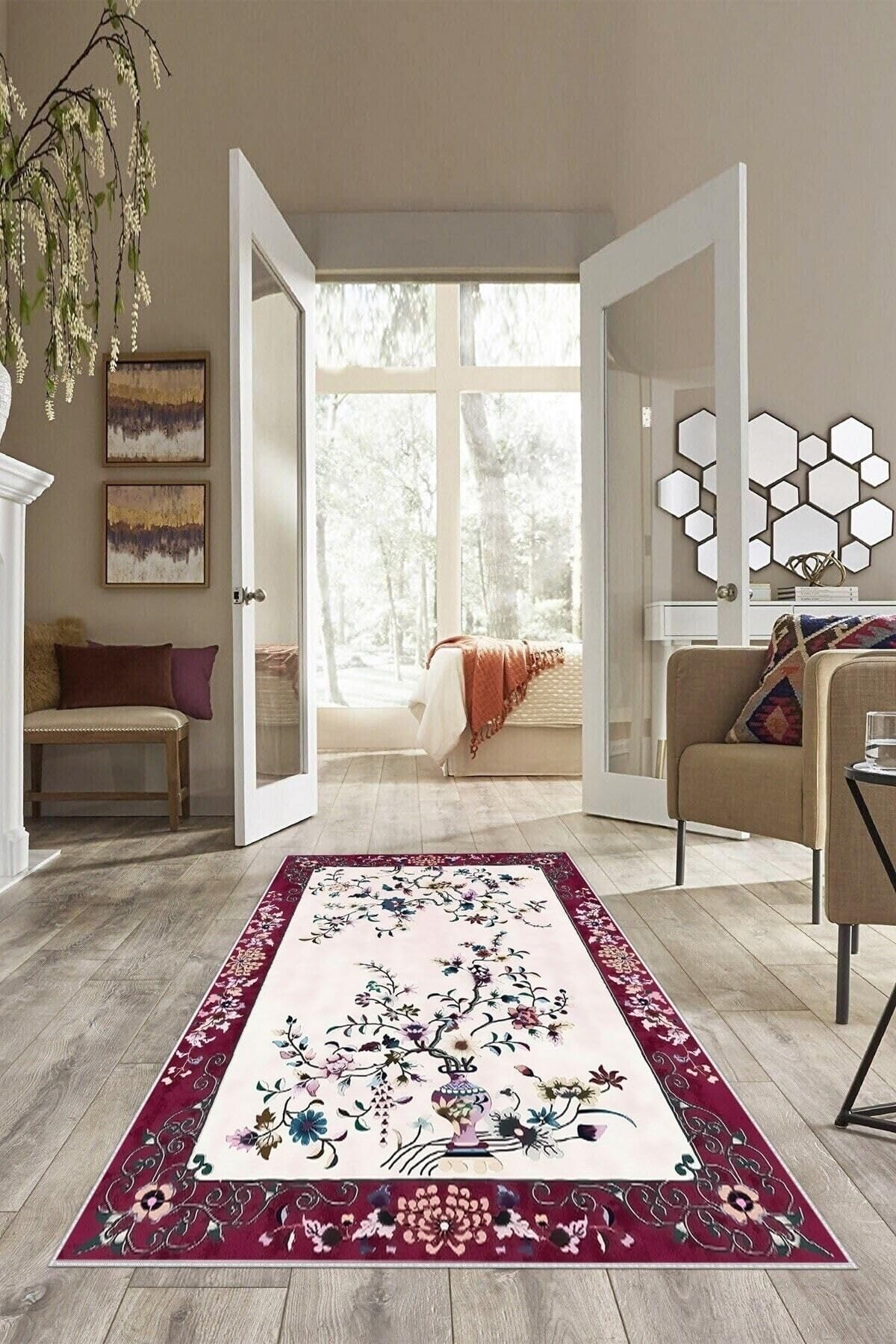 Pelangi Bordo Zemin Çiçek Desenli Yıkanabilir Kaymaz Taban Leke Tutmaz Modern Salon Halısı Ve Yolluk, Fuşya 80 x 300, 7457122080300728