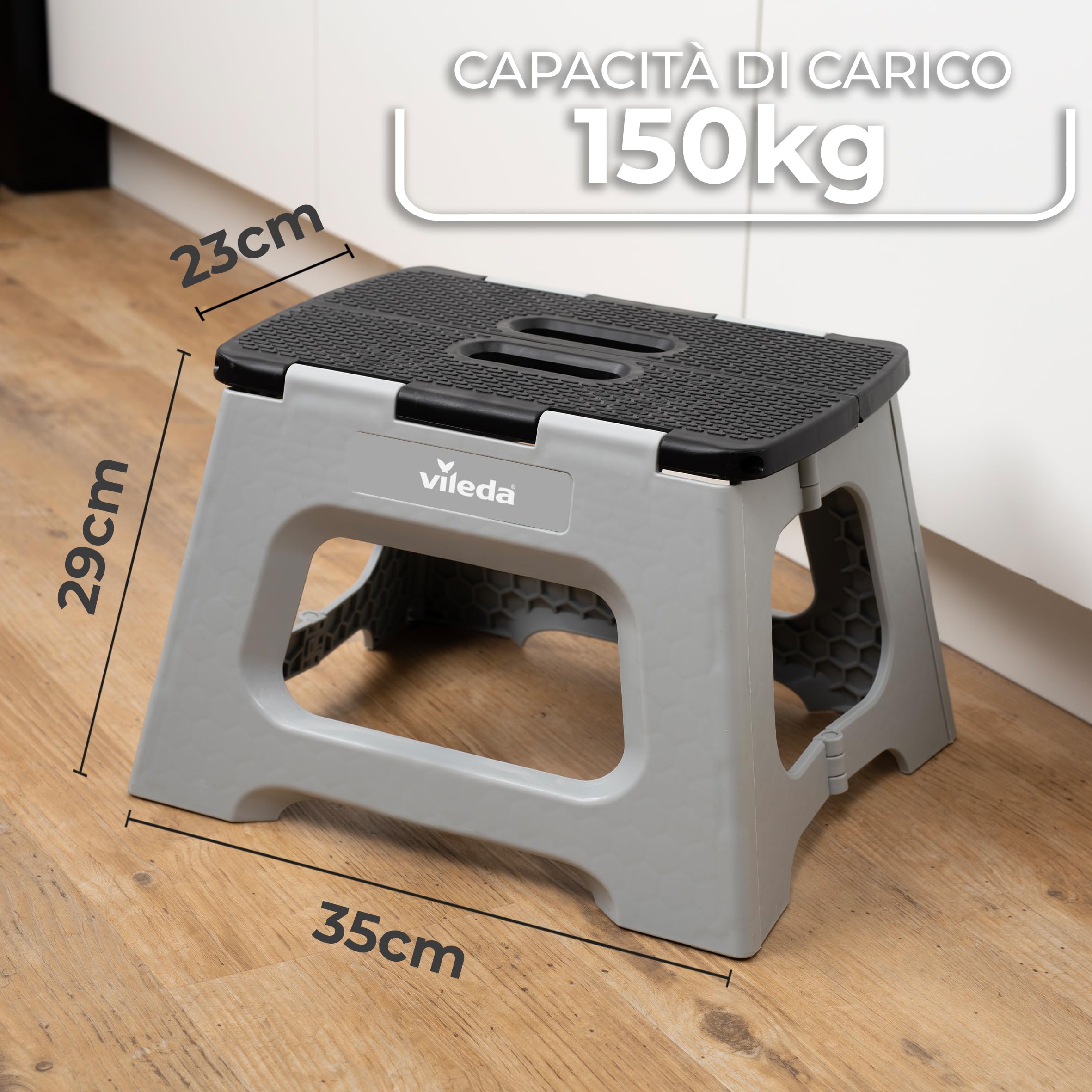 Vileda Sgabello Pieghevole 23cm - per Adulti e Bambini fino a 150 kg - Rivestimento antiscivolo - Sgabello plastica, Sgabellino da Bagno e Cucina - Scaletta Sgabello - Folding Stool