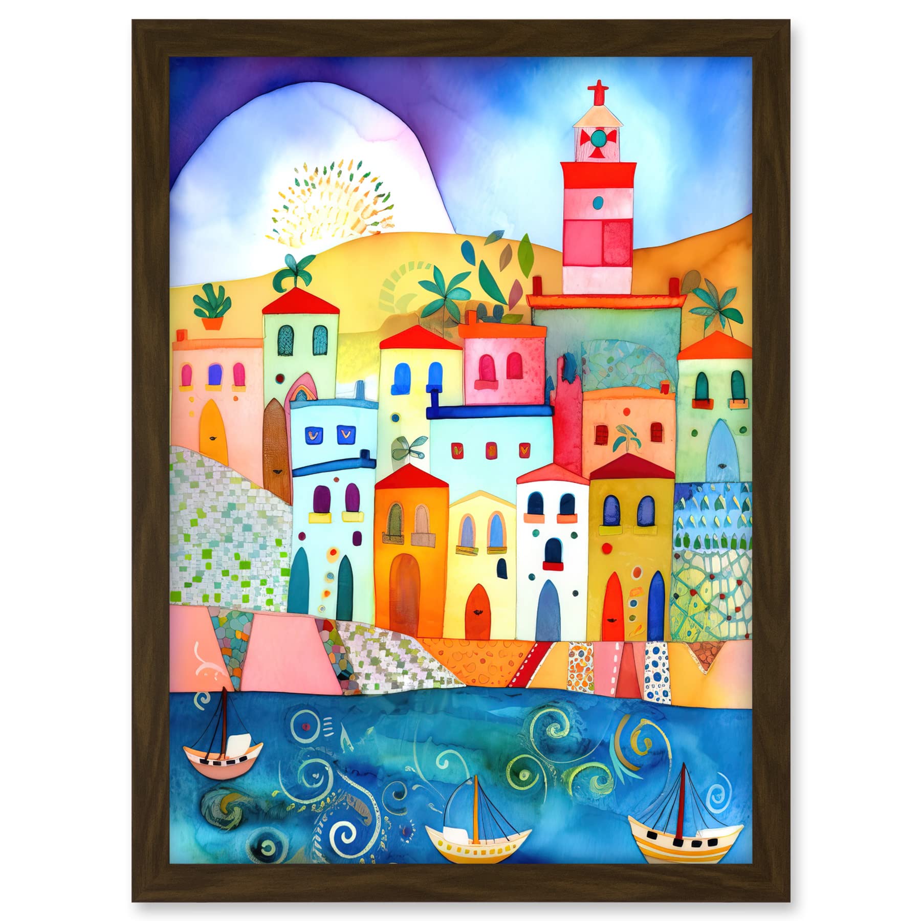 Artery8 Tunisia Seaside Town Folk Art Artwork Framed A3 Wall Art Print
