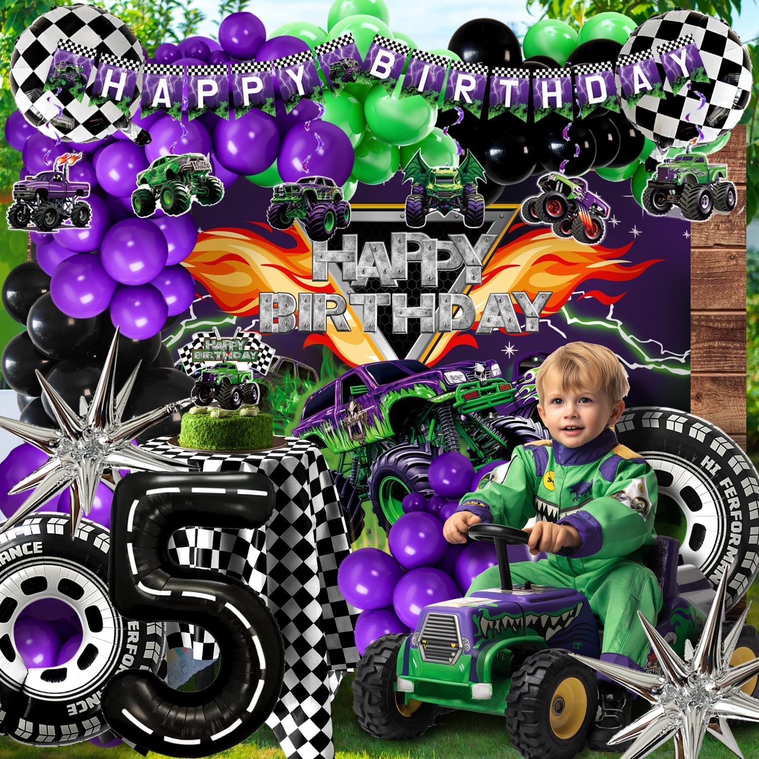 Monster Truck Birthday Party Decorations for Boys - Racing Balloon Arch kit Large Wheel Checkered Balloon Monster Truck Birthday Banner Backdrop Tablecloth Hanging Swirls Cake Toppers (5th)