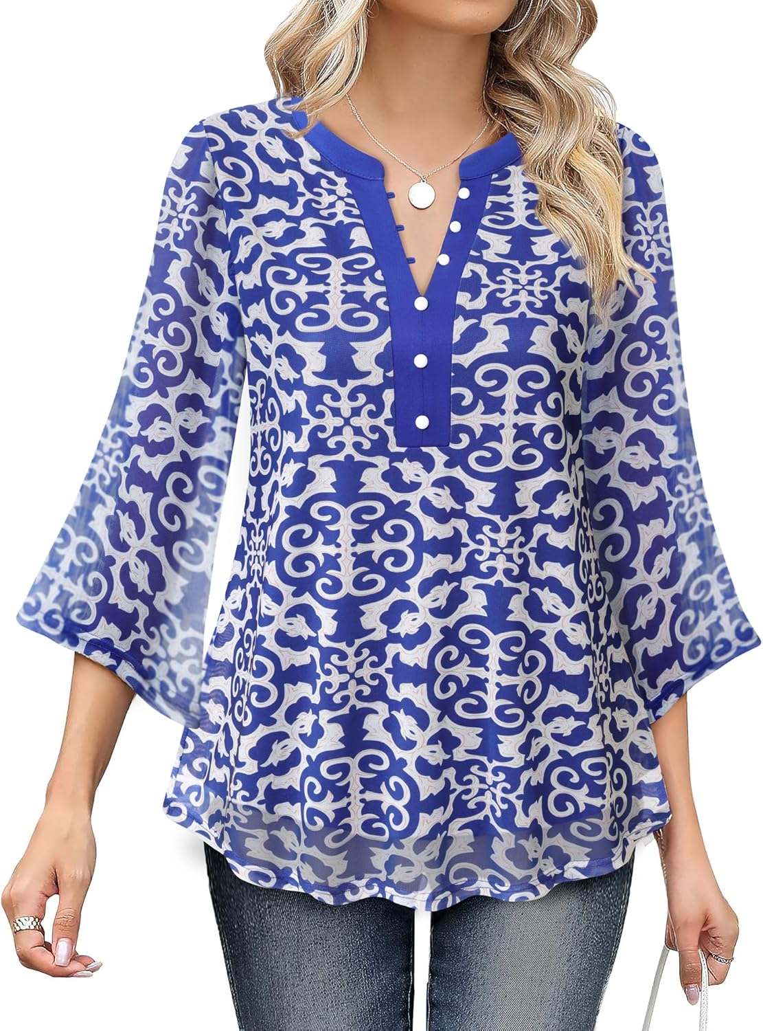 VALOLIA Womens Tops 3/4 Sleeve Sparkly Blouses Dressy Casual Elegant Flowy Double Layers Mesh Shirts - Image 5