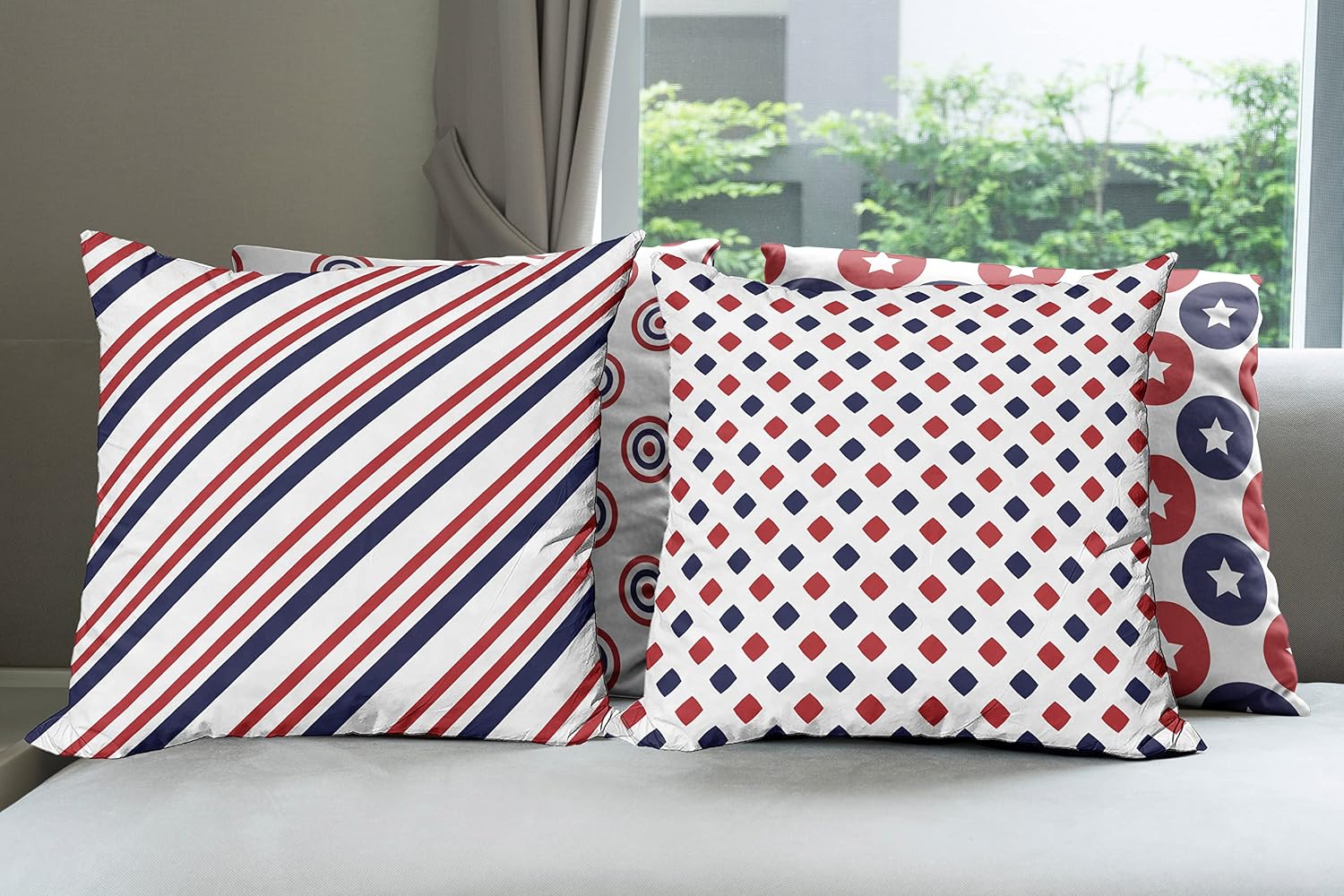 Ambesonne USA Throw Pillow Cushion Case Pack of 4, Diagonal Stripes Circles and Stars in Patriotic Colors Modern Geometric Look, Modern Accent Double-Sided Digital Printing, 18", Ruby Indigo and White