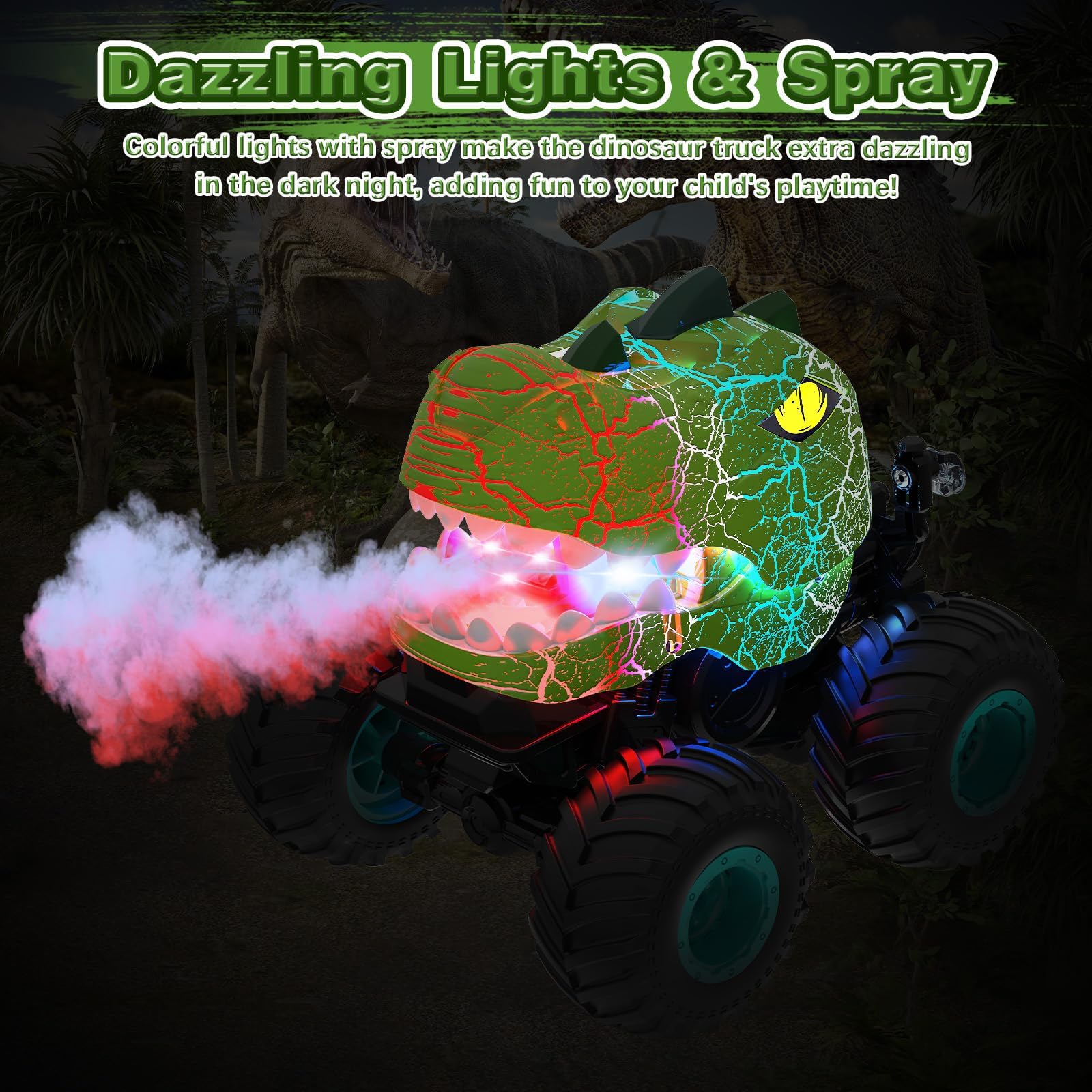 Zdalnie sterowana ciężarówka z dinozaurami, 2,4 GHz RC z funkcją spryskiwania, światłem i dźwiękiem, obracana o 360°, zabawka dinozaura dla chłopców od 3, 4, 5, 6, 7, 8, 9 i 10 lat (zielona)