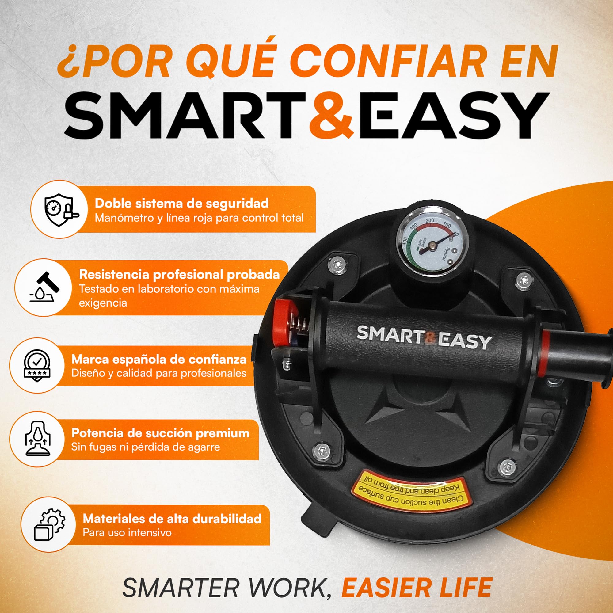 SMART&EASY Set 2 Ventosas para Azulejos con Manómetro 200 kg Succión 200 mm Diámetro Maletín Compacto