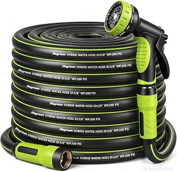 Garden Hose 50ft, Non-Expandable Heavy Duty Water Hose with 10 Function Sprayer, Flexible, Leakproof, Kink Resistant & Hybrid Hose for Yard, Outdoor, 600 PSI