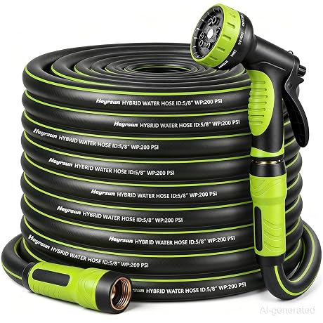 Garden Hose 50ft, Non-Expandable Heavy Duty Water Hose with 10 Function Sprayer, Flexible, Leakproof, Kink Resistant & Hybrid Hose for Yard, Outdoor, 600 PSI