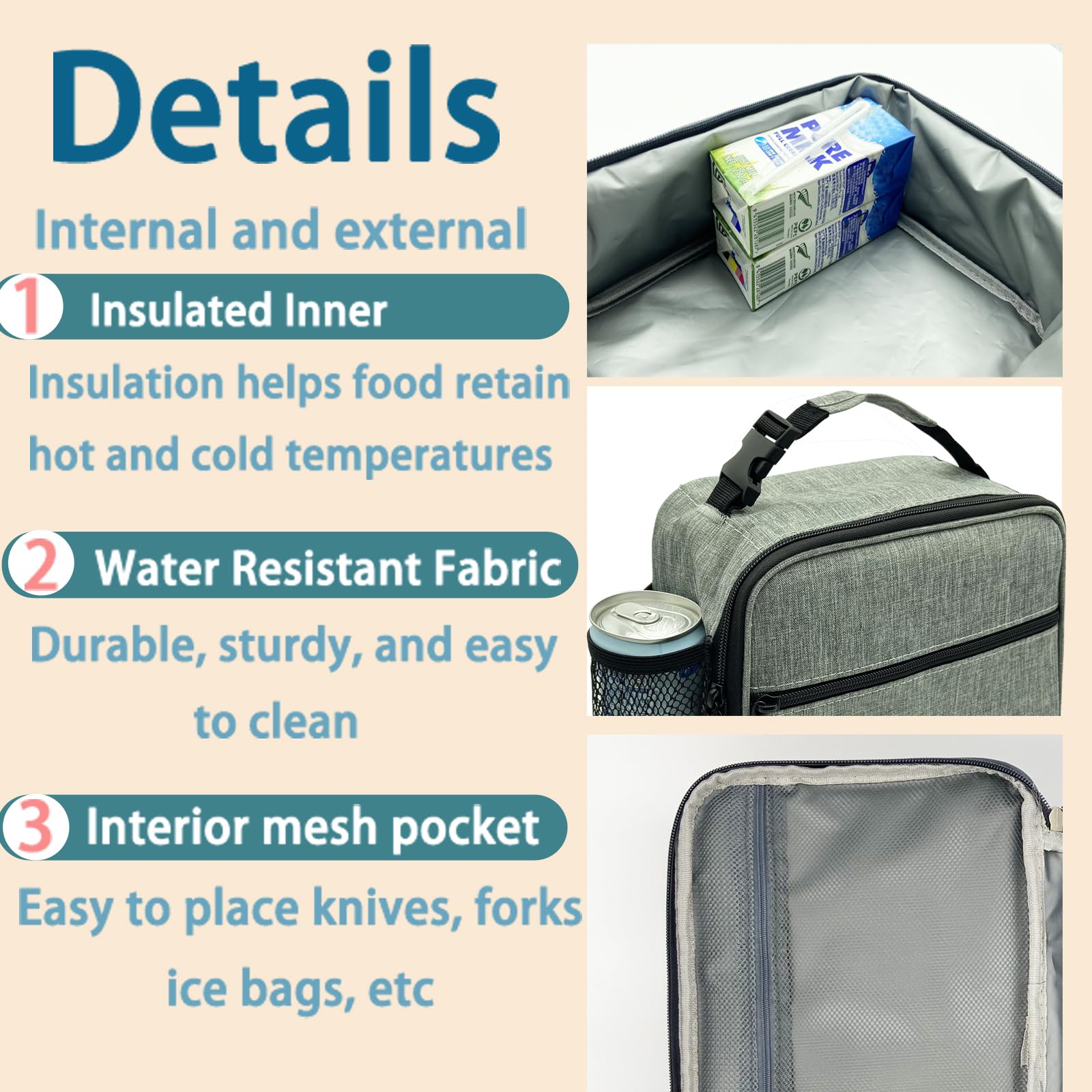Kulle Lonchera para niños, lonchera aislada para niños y niñas, lonchera congelable, lonchera reutilizable para la escuela, el trabajo, al aire libre (gris)