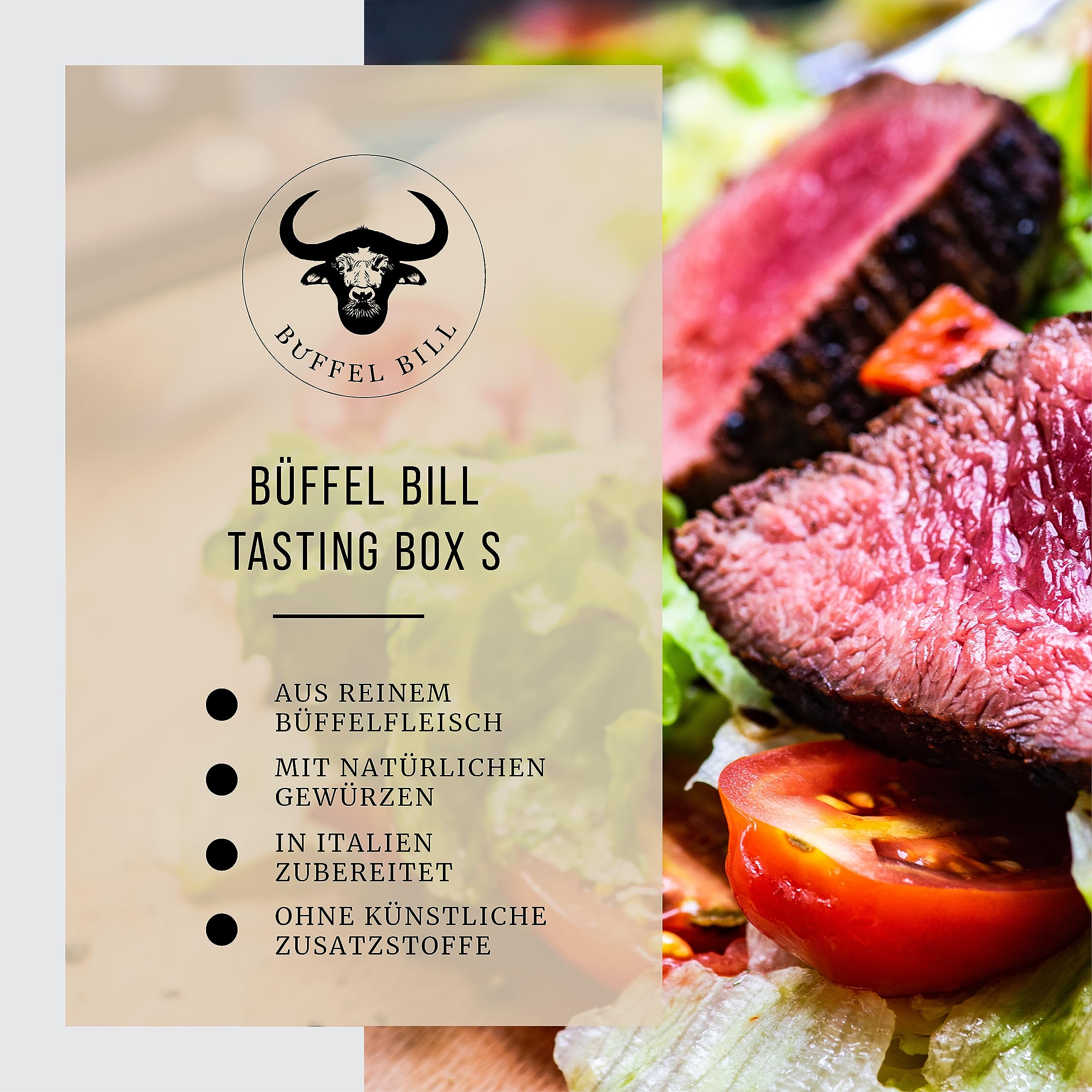 BÜFFEL BILL Tasting Box S - 1kg | Filet Medaillon, Steaks, Rib-Eye, Rumpsteak & Hüftsteak I Zart-saftige Büffelfleisch Cuts I Perfekt zum probieren