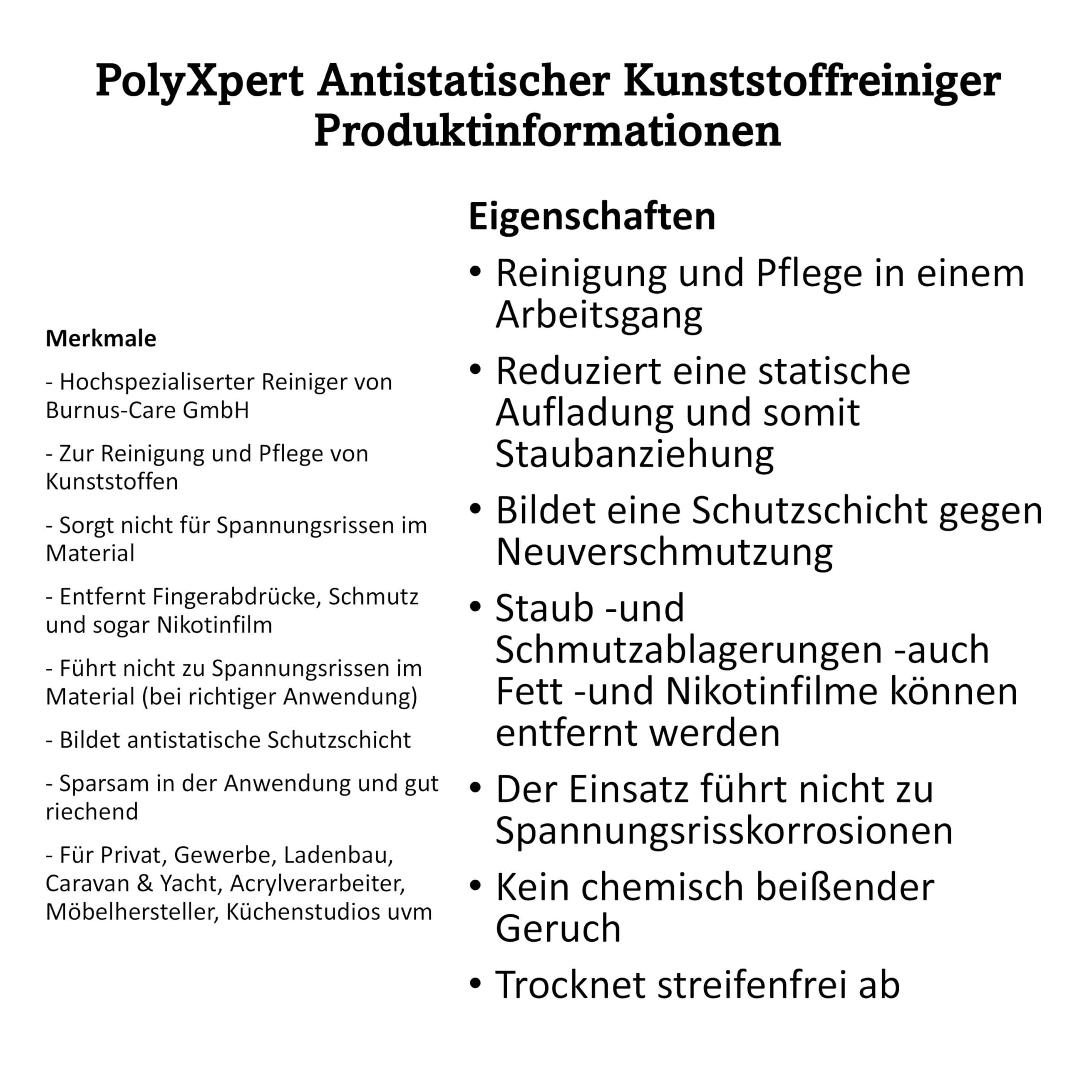 Antistatischer Kunststoff Reiniger und Pfleger 10L Kanister von Burnus Care