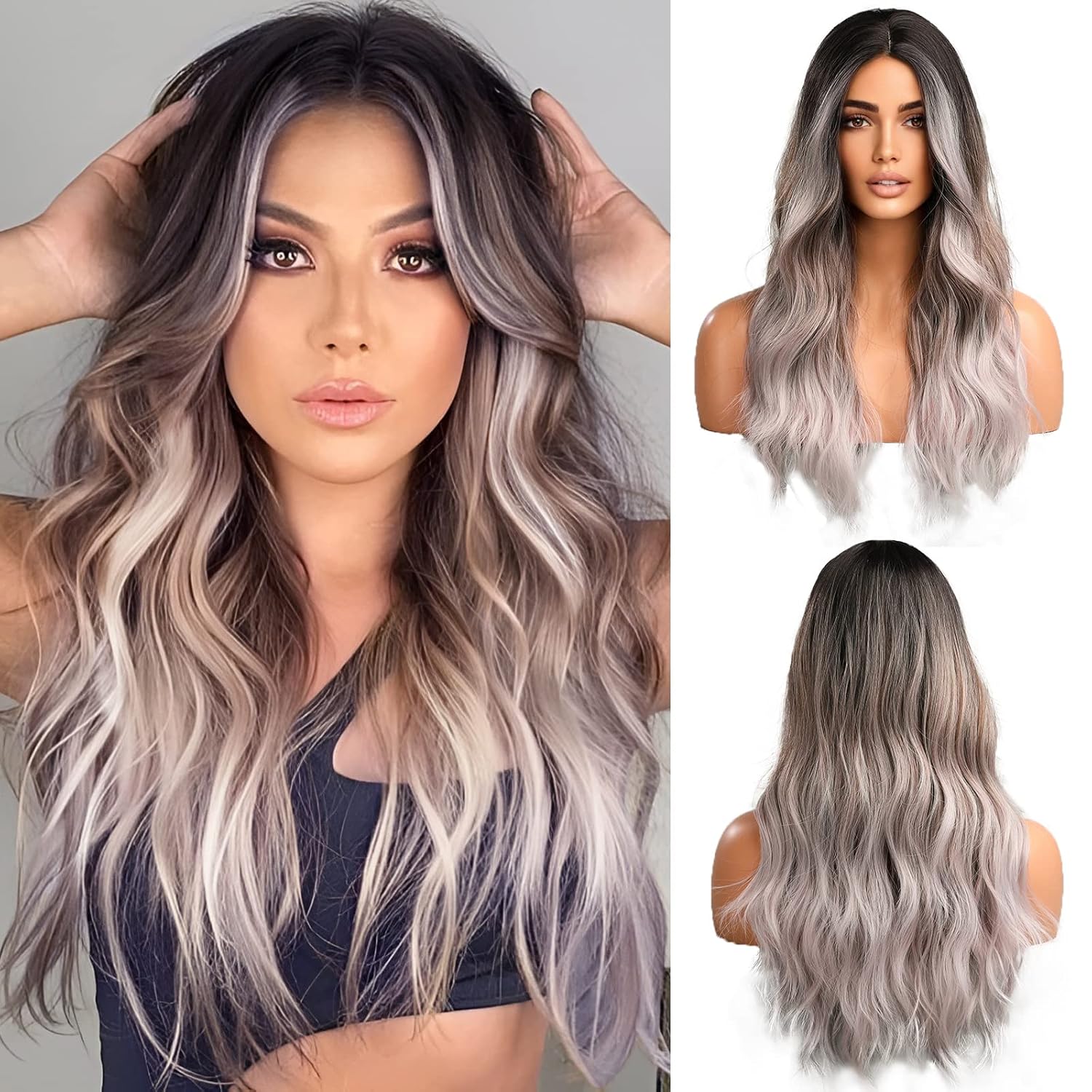 Long Wavy Ombre Black Gray Wigs for Women Natural Synthetic Hair Heat Resistant Wigs for Daily Party Cosplay Wear-22 Inches