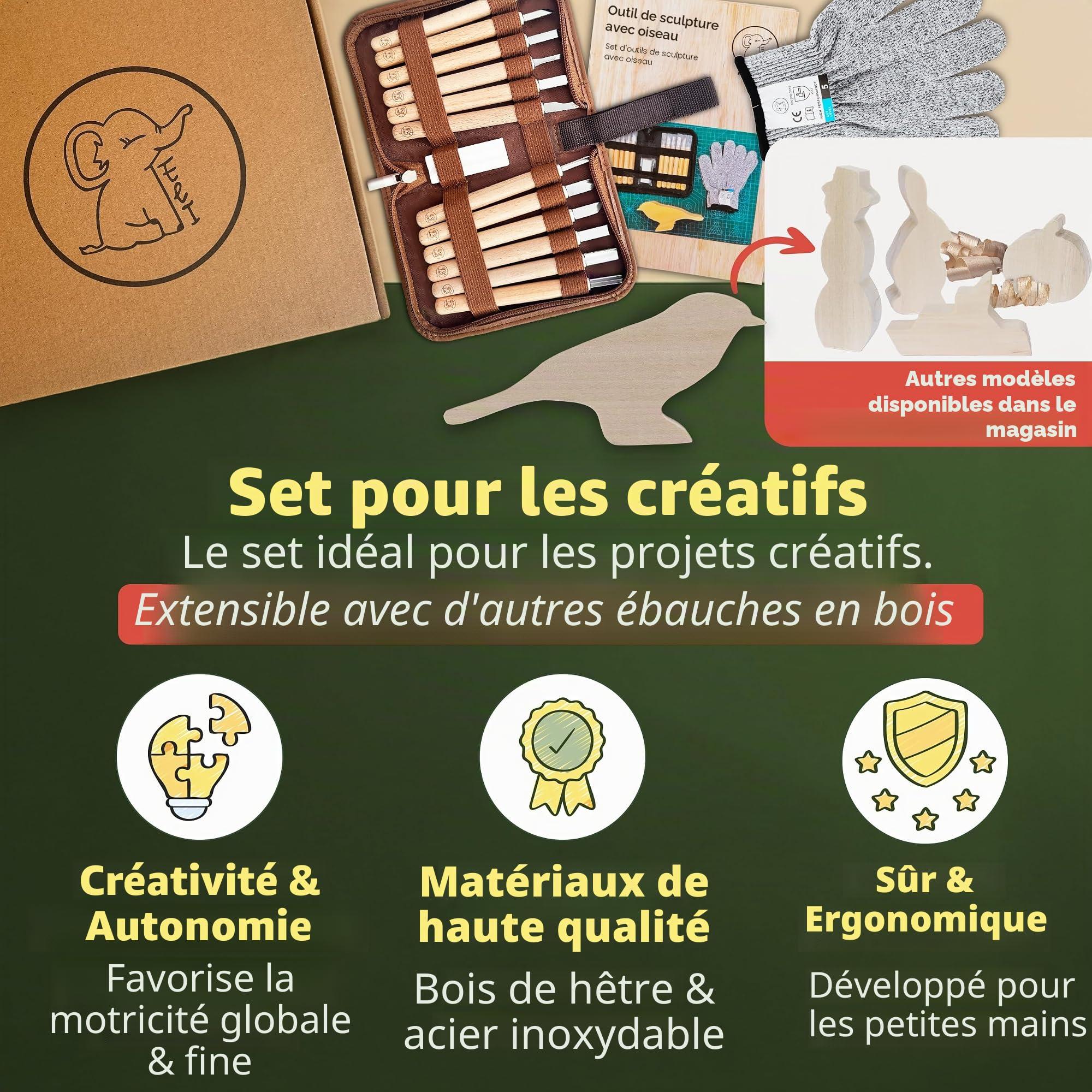 Eli Kit de sculpture pour enfants (17 pièces) avec instructions (français non garanti) – Ébauche en bois – 12 outils de qualité supérieure – Couteau de sculpture avec pierre