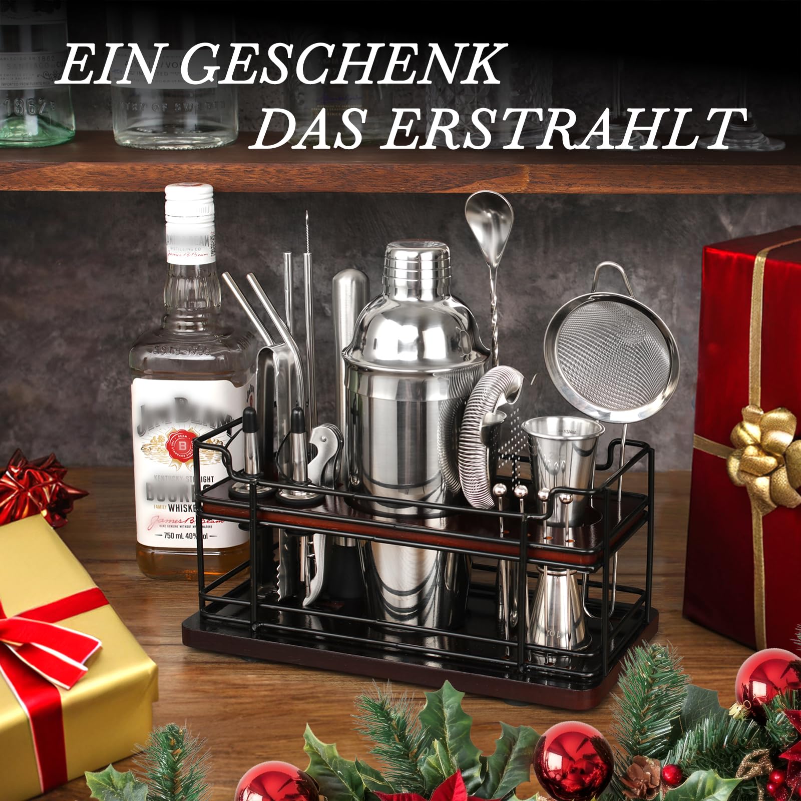 20-teiliges Cocktail Shaker Set mit Stand, 750ml Shaker Edelstahl Cocktail Set für die Hausbar, Profi Cocktail Maschine Barkeeper Set mit Bar Zubehör & Rezeptbuch, Ideales Geschenkset (Silber)